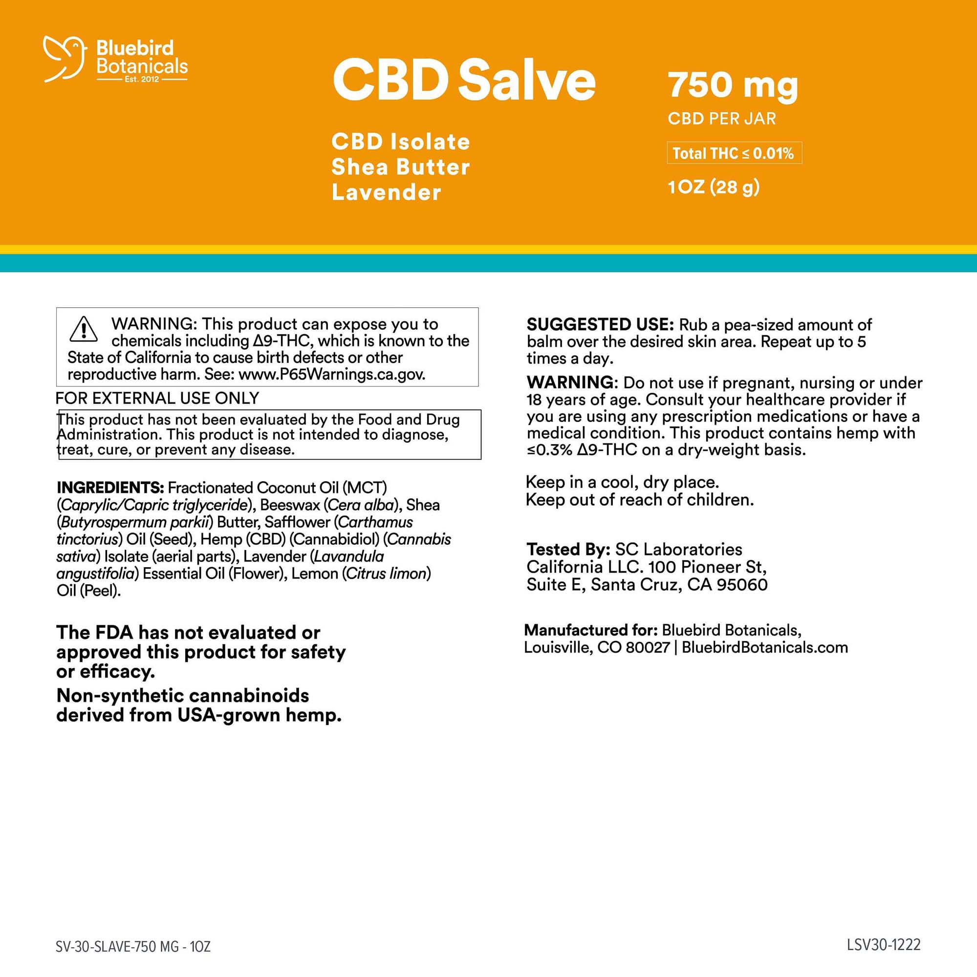 Bluebird Botanicals, CBD Salve, Isolate THC-Free, 1oz, 750mg CBD