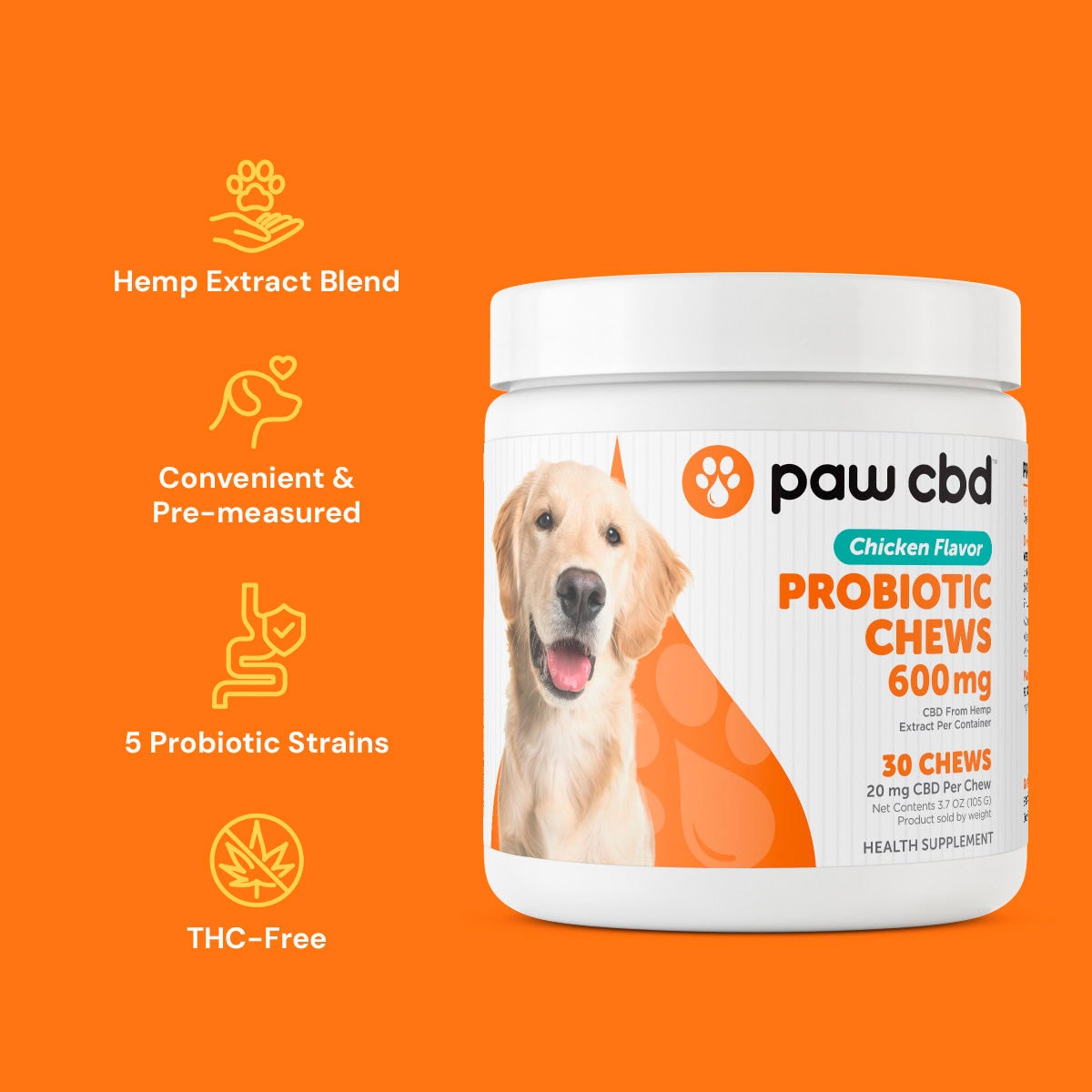 Paw CBD, Pet CBD Probiotic Soft Chews for Dogs, Chicken, Broad Spectrum THC-Free, 30ct, 600mg CBD