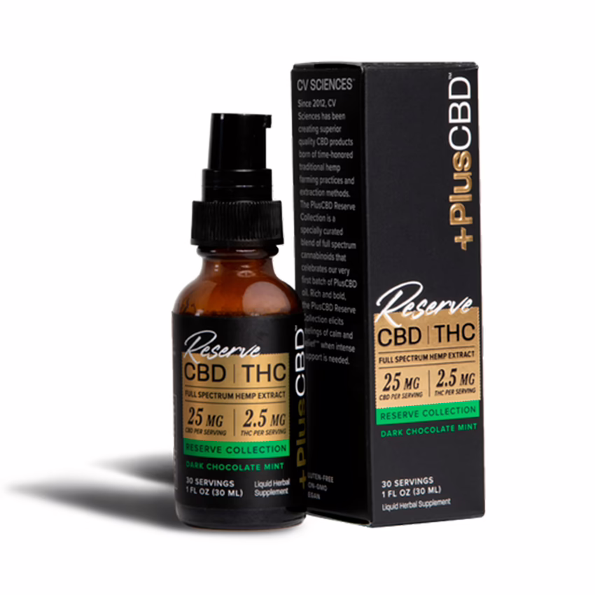 PlusCBD, Reserve 2.5mg THC + 25mg CBD Oil, Dark Chocolate Mint, Full Spectrum, 1fl oz, 75mg THC + 750mg CBD PlusCBD, Reserve 2.5mg THC + 25mg CBD Oil, Dark Chocolate Mint, Full Spectrum, 1fl oz, 75mg THC + 750mg CBD