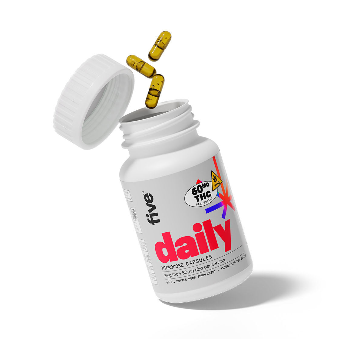 five, CBD+THC Liquid Capsules, Full Spectrum, 60ct, 60mg THC + 1500mg CBD 1