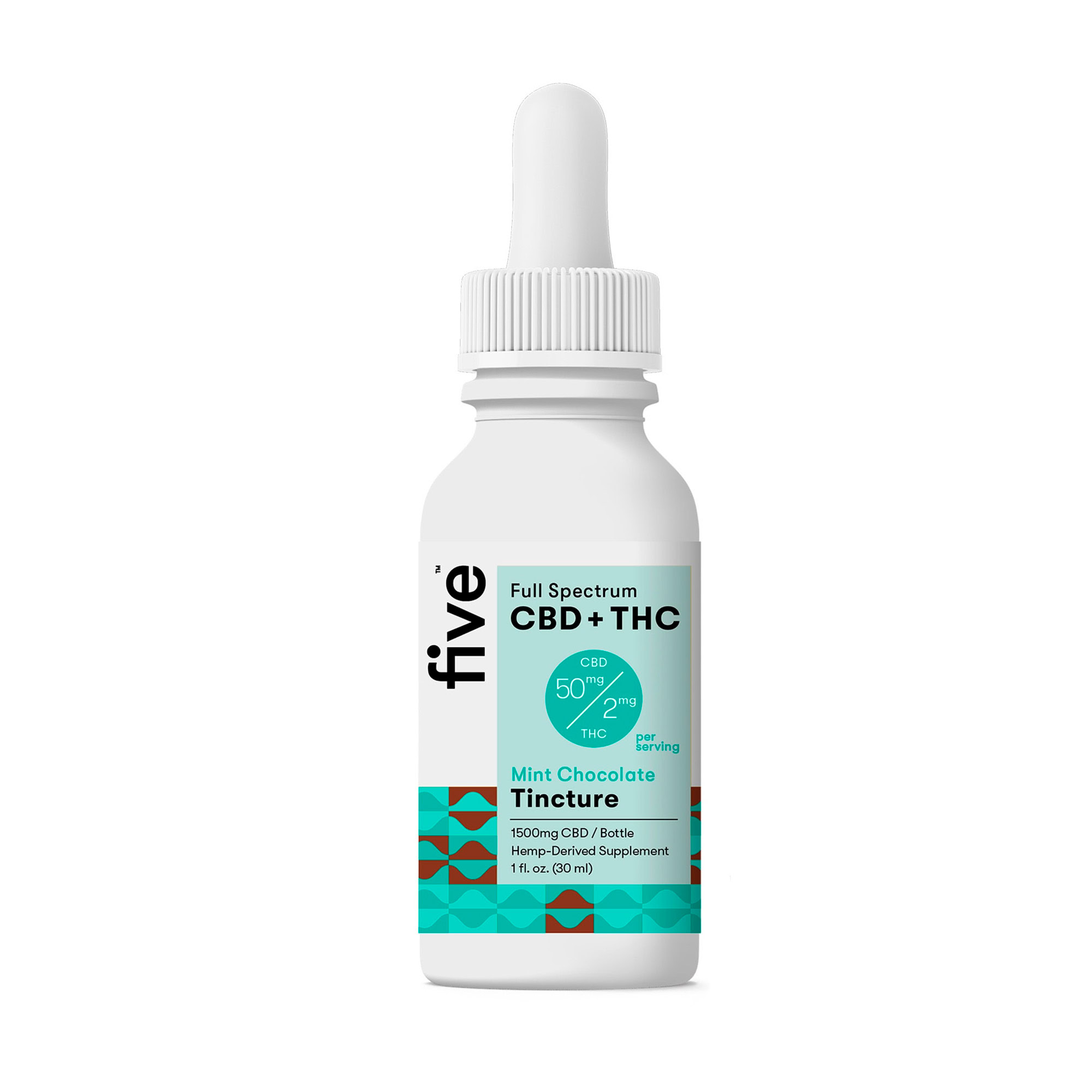 five, CBD+THC Tincture Oil, Mint Chocolate, Full Spectrum, 1fl oz, 60mg THC + 1500mg CBD