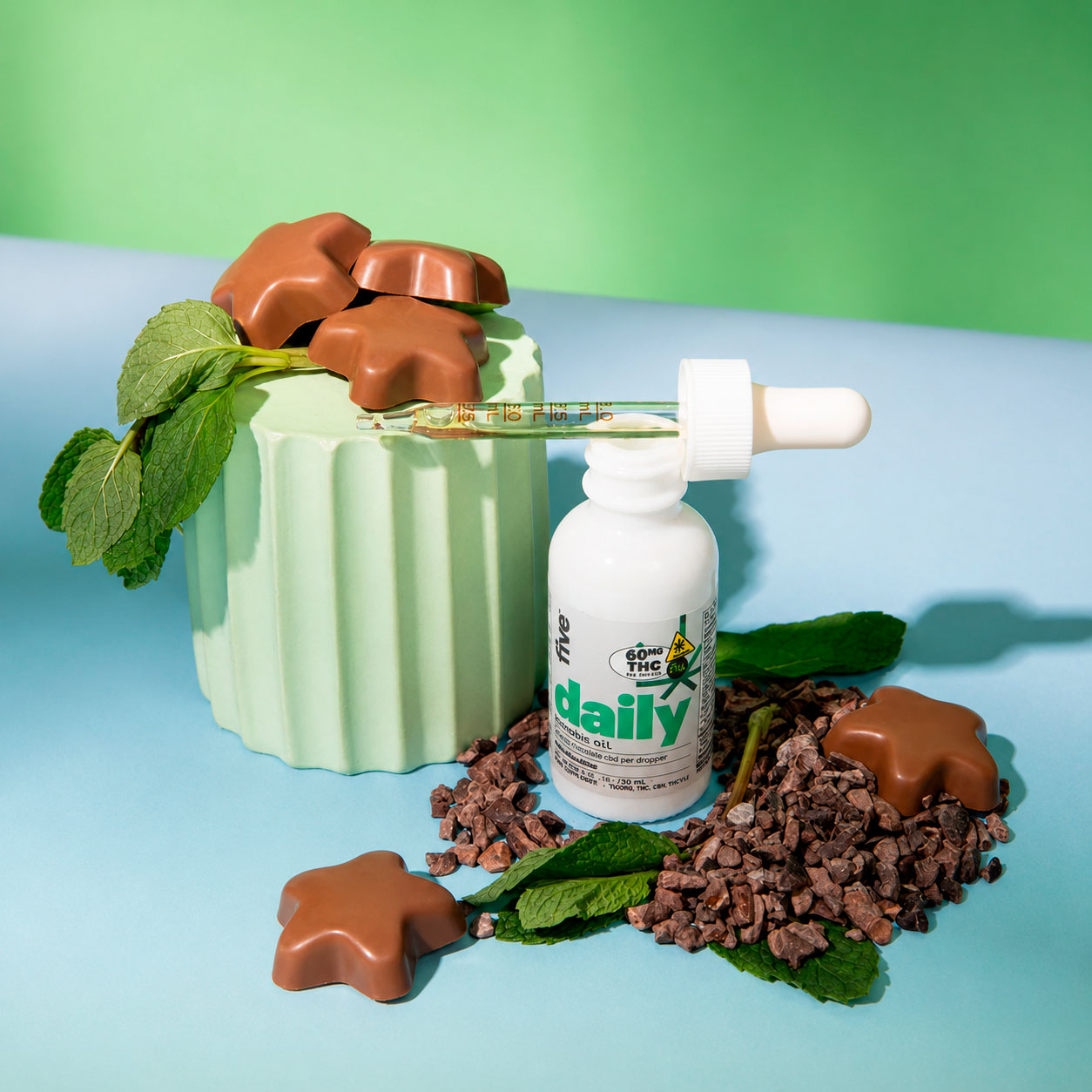 five, CBD+THC Tincture Oil, Mint Chocolate, Full Spectrum, 1fl oz, 60mg THC + 1500mg CBD