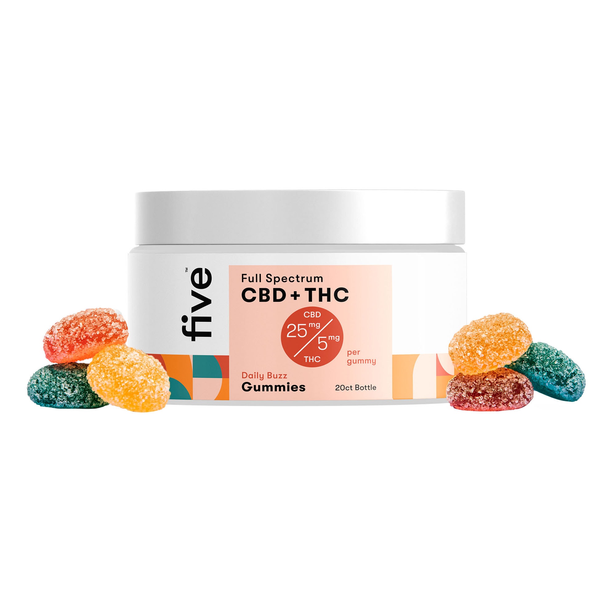 five, Daily Buzz CBD+THC Gummies, Multiflavored, Full Spectrum, 20ct, 100mg THC + 500mg CBD