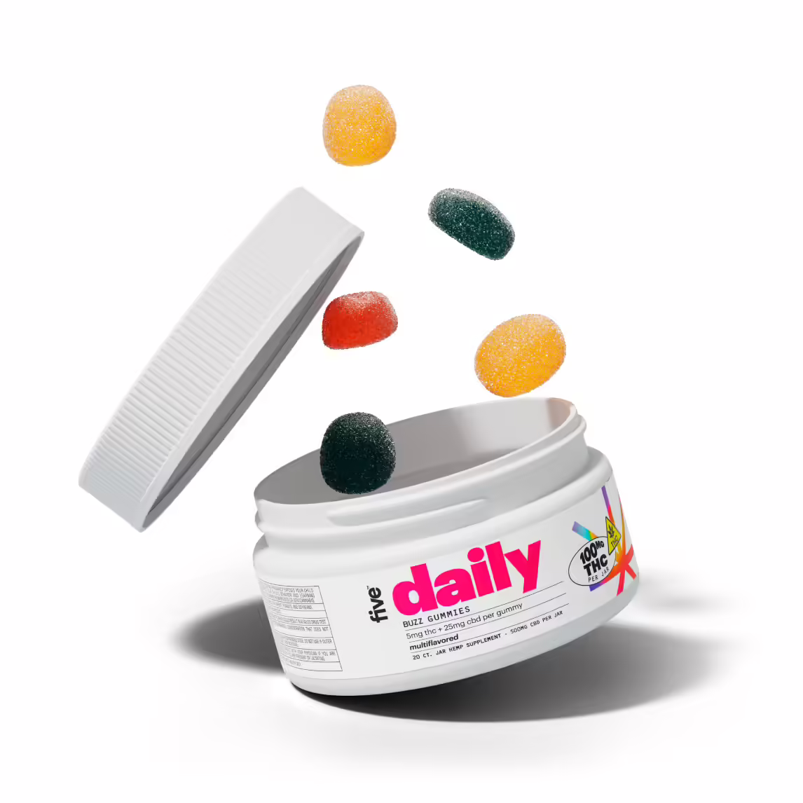 five, Daily Buzz CBD+THC Gummies, Multiflavored, Full Spectrum, 20ct, 100mg THC + 500mg CBD