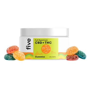 five, Daily Buzz Sour CBD+THC Gummies, Multiflavored, Full Spectrum, 20ct, 100mg THC + 500mg CBD