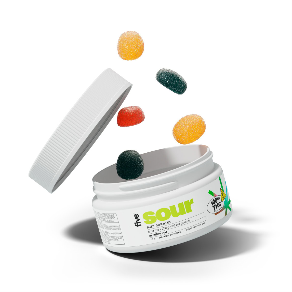 five, Daily Buzz Sour CBD+THC Gummies, Multiflavored, Full Spectrum, 20ct, 100mg THC + 500mg CBD 2