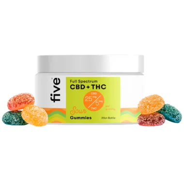 five, Daily Buzz Sour CBD+THC Gummies, Multiflavored, Full Spectrum, 20ct, 100mg THC + 500mg CBD