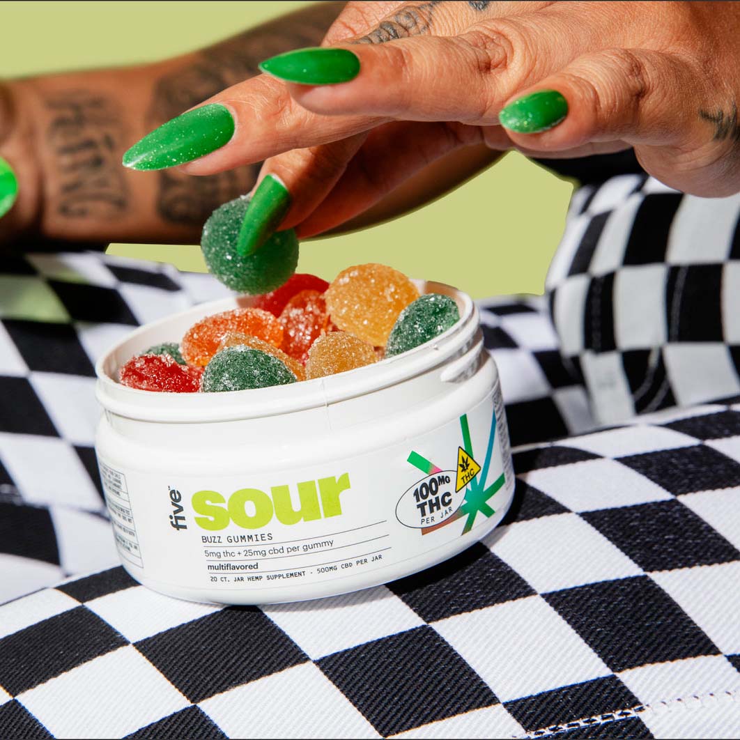 five, Daily Buzz Sour CBD+THC Gummies, Multiflavored, Full Spectrum, 20ct, 100mg THC + 500mg CBD 2