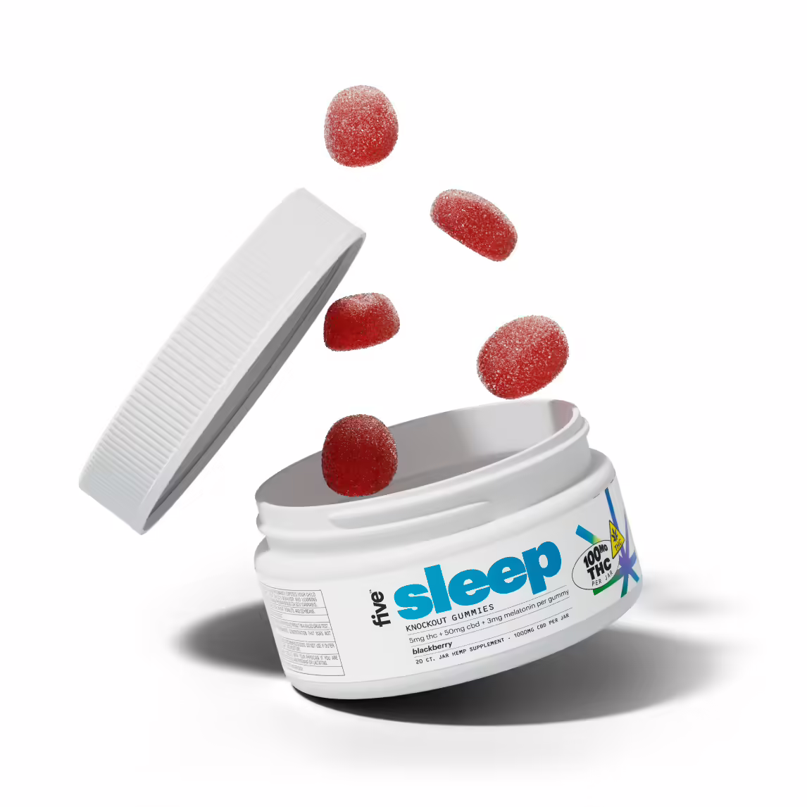 five, Knockout Sleep CBD+THC Melatonin Gummies, Blackberry, Full Spectrum, 20ct, 100mg THC + 1000mg CBD