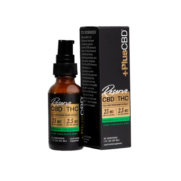 PlusCBD, Reserve 2.5mg THC + 25mg CBD Oil, Dark Chocolate Mint, Full Spectrum, 1fl oz, 75mg THC + 750mg CBD