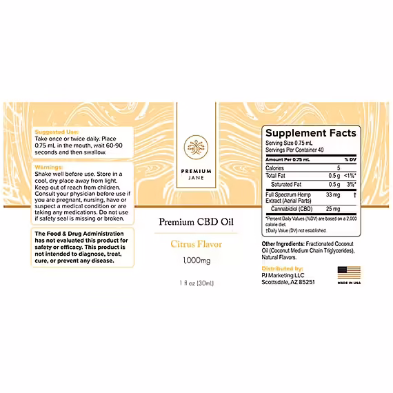 Premium Jane, CBD Oil, Citrus, Full Spectrum, 1fl oz, 1000mg CBD