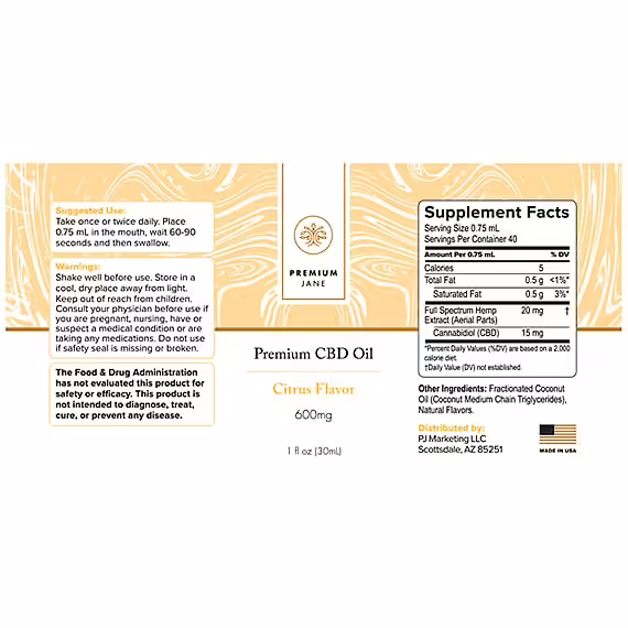 Premium Jane, CBD Oil, Citrus, Full Spectrum, 1fl oz, 600mg CBD