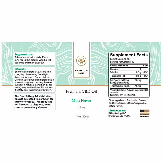 Premium Jane, CBD Oil, Mint, Full Spectrum, 1fl oz, 300mg CBD