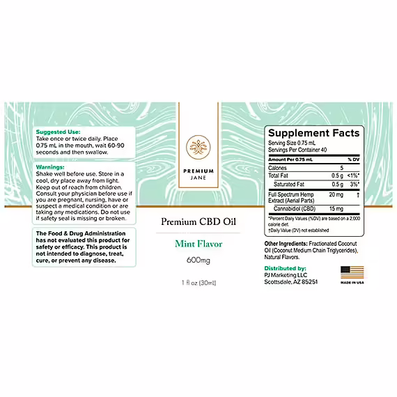 Premium Jane, CBD Oil, Mint, Full Spectrum, 1fl oz, 600mg CBD