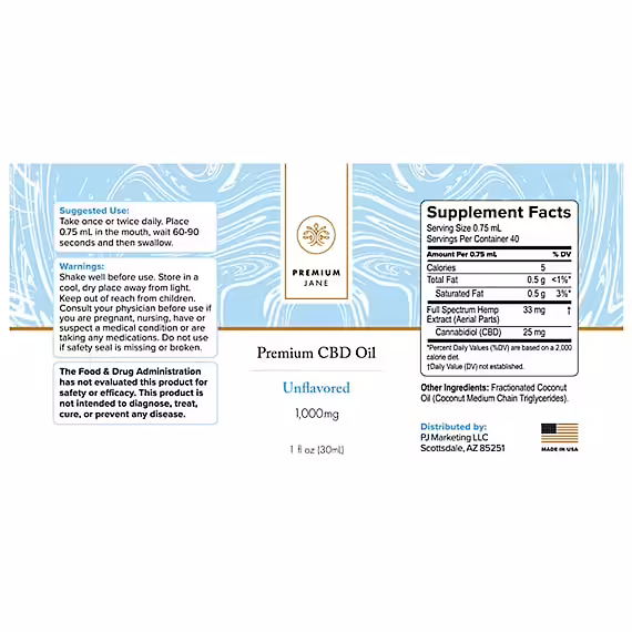 Premium Jane, CBD Oil, Natural, Full Spectrum, 1fl oz, 1000mg CBD