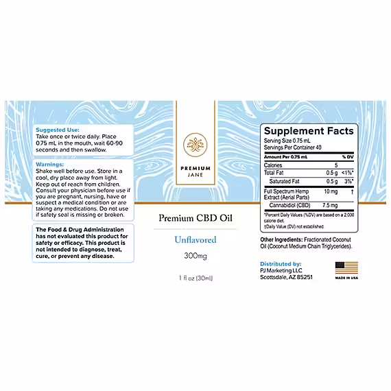 Premium Jane, CBD Oil, Natural, Full Spectrum, 1fl oz, 300mg CBD