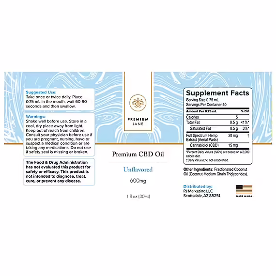 Premium Jane, CBD Oil, Natural, Full Spectrum, 1fl oz, 600mg CBD
