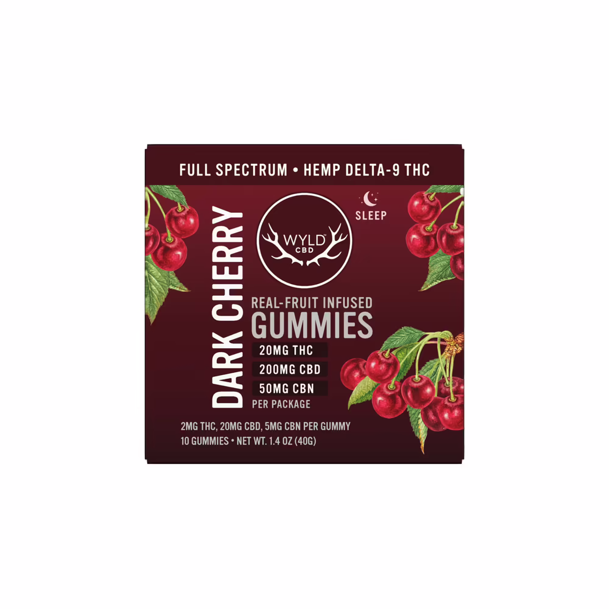 Wyld CBD, Dark Cherry Sleep CBD+THC Gummies, Full Spectrum, 10ct, 20mg THC + 50mg CBN + 200mg CBD