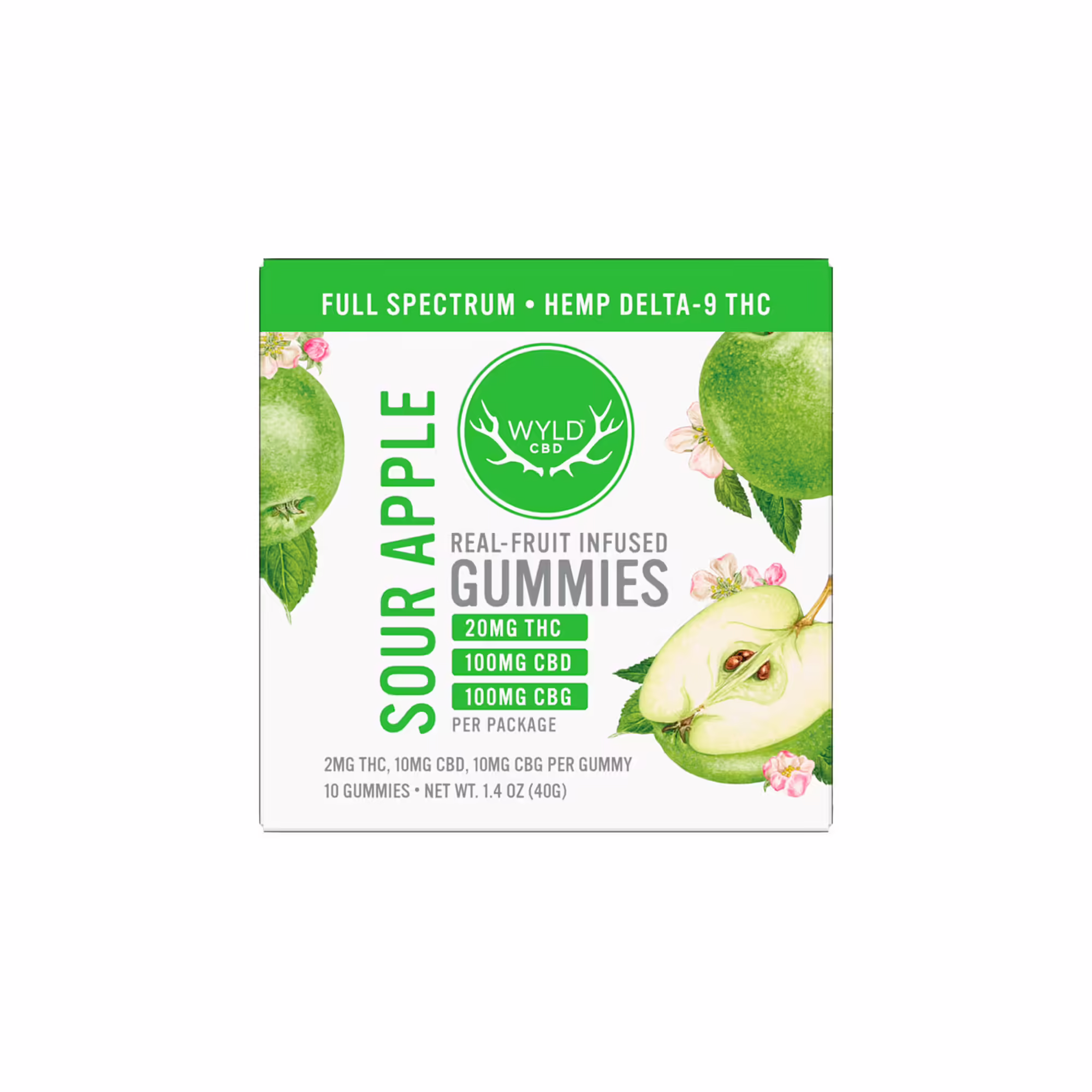 Wyld CBD, Sour Apple Refresh CBD+THC Gummies, Full Spectrum, 10ct, 20mg THC + 100mg CBG + 100mg CBD