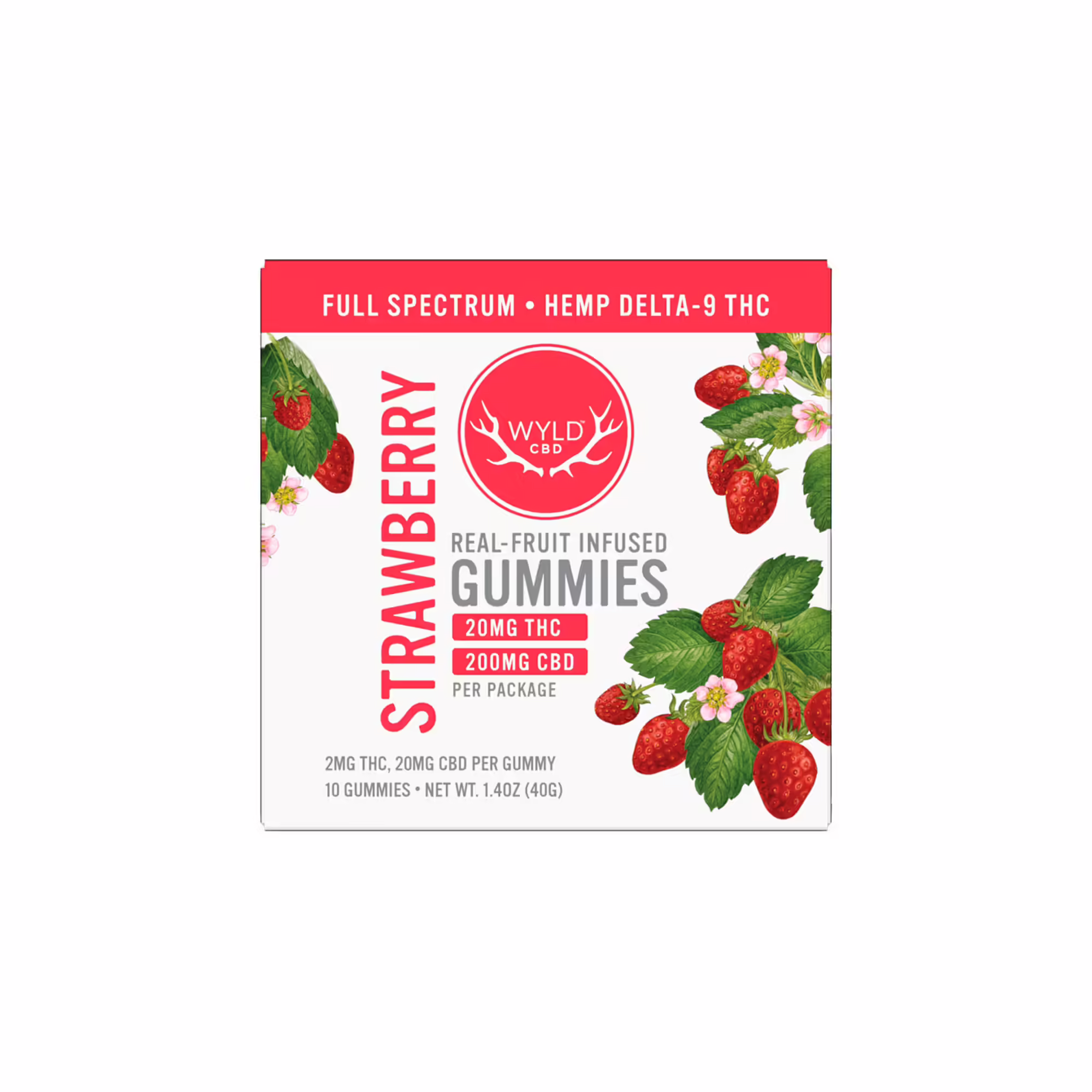 Wyld CBD, Strawberry Calm CBD+THC Gummies, Full Spectrum, 10ct, 20mg THC + 200mg CBD