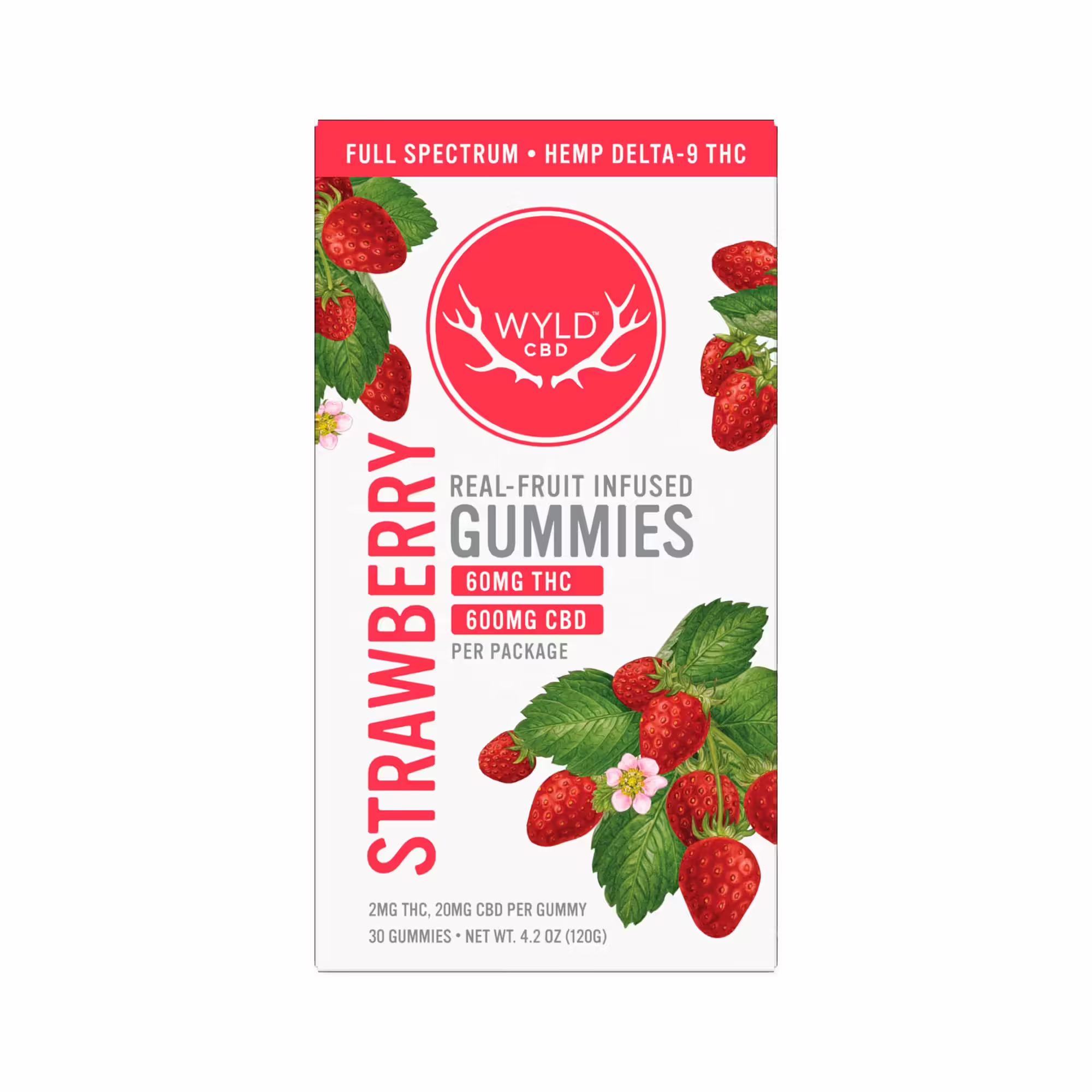 Wyld CBD, Strawberry Calm CBD+THC Gummies, Full Spectrum, 30ct, 60mg THC + 600mg CBD