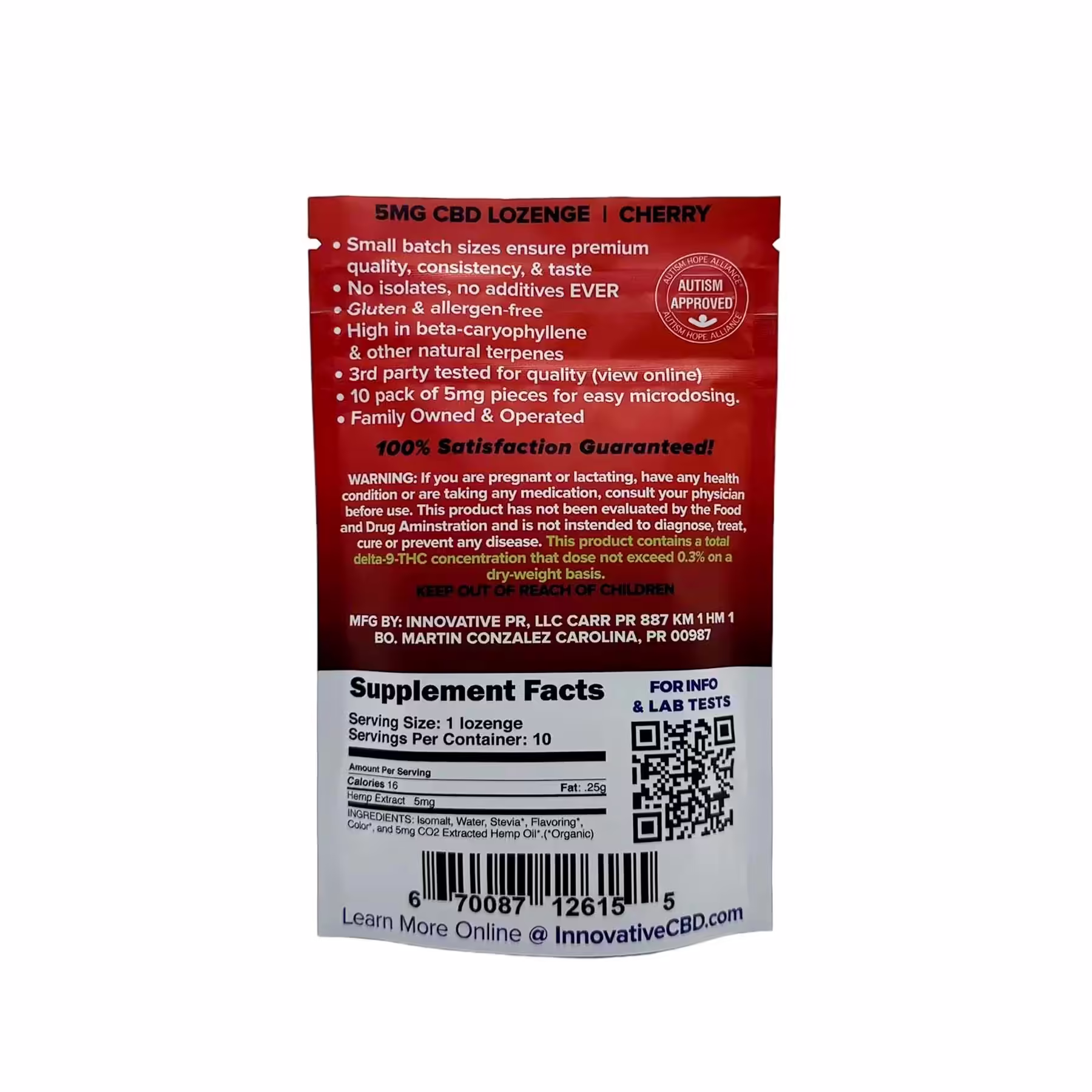 Innovative CBD, CBD+CBDA Lozenges 5mg, Cherry, Full Spectrum, 10ct, 50mg CBD