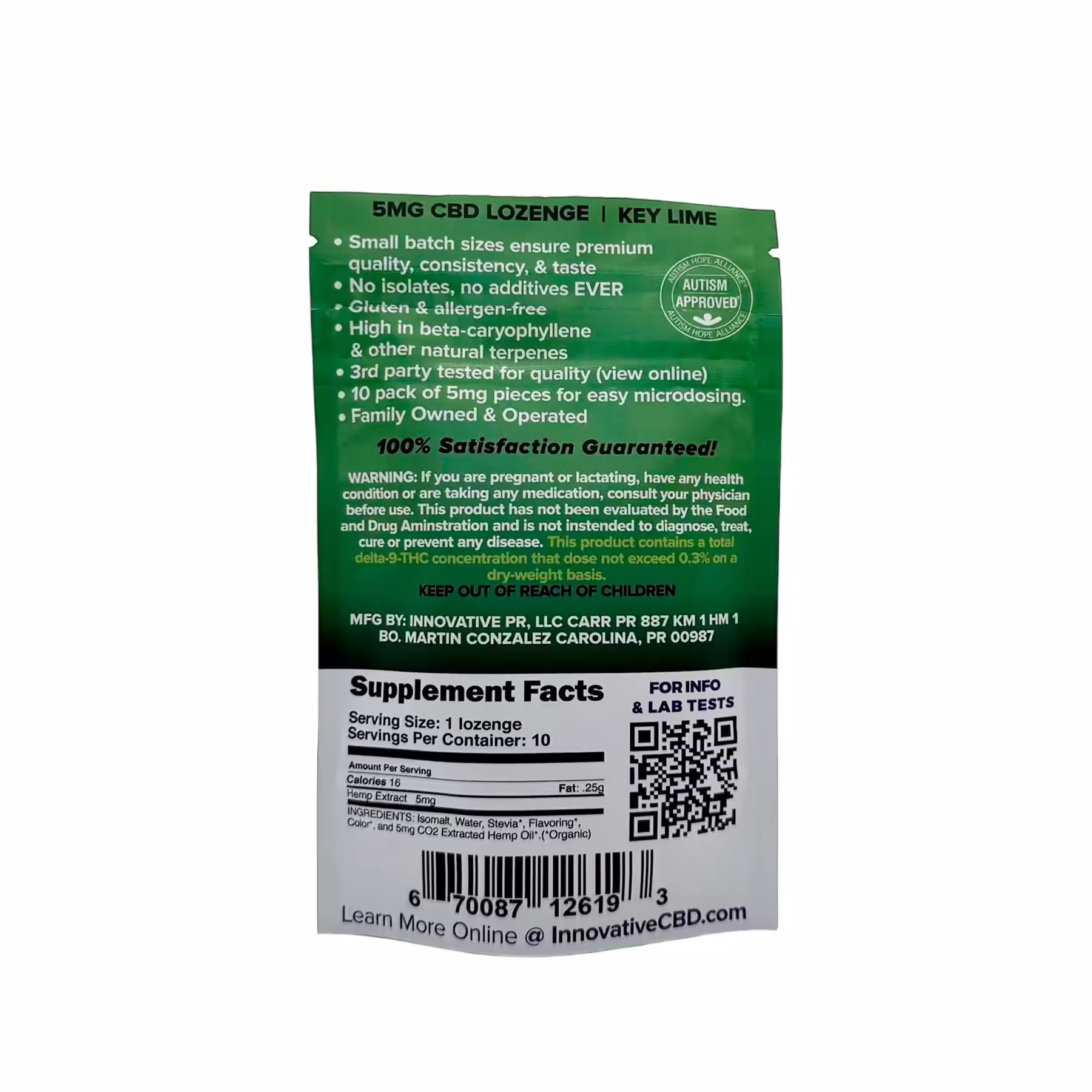 Innovative CBD, CBD+CBDA Lozenges 5mg, Key Lime, Full Spectrum, 10ct, 50mg CBD