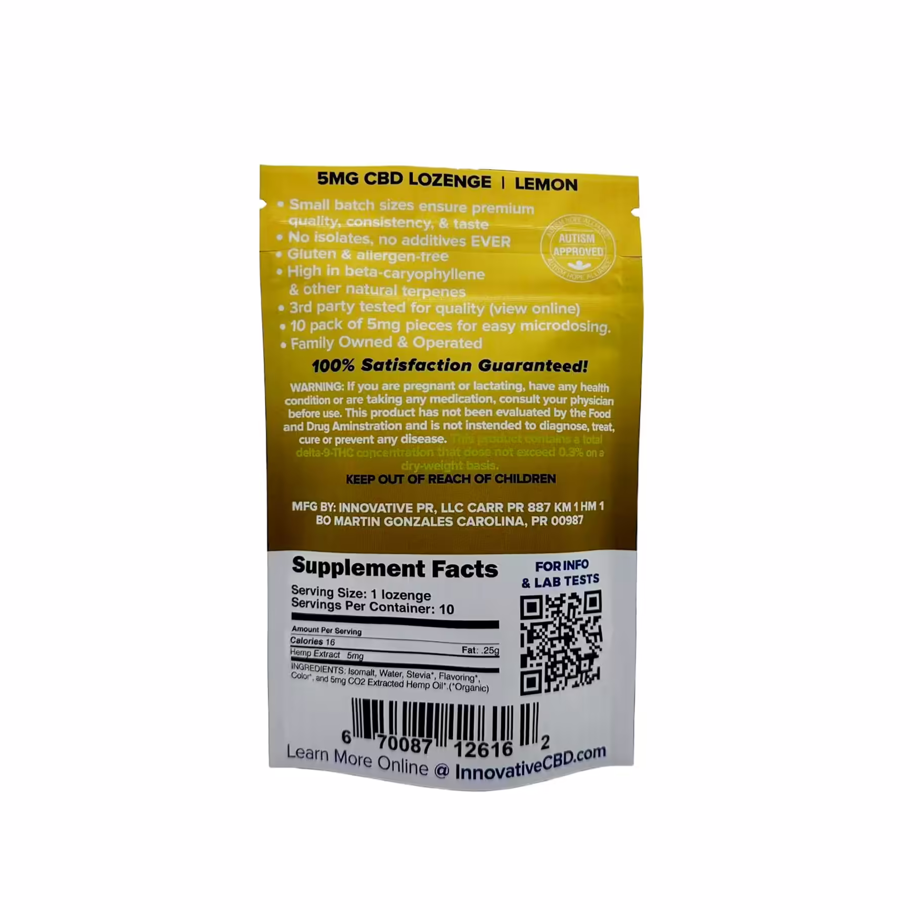 Innovative CBD, CBD+CBDA Lozenges 5mg, Lemon, Full Spectrum, 10ct, 50mg CBD