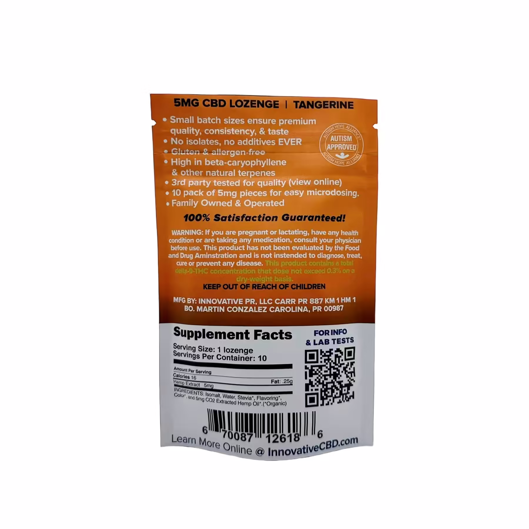 Innovative CBD, CBD+CBDA Lozenges 5mg, Tangerine, Full Spectrum, 10ct, 50mg CBD
