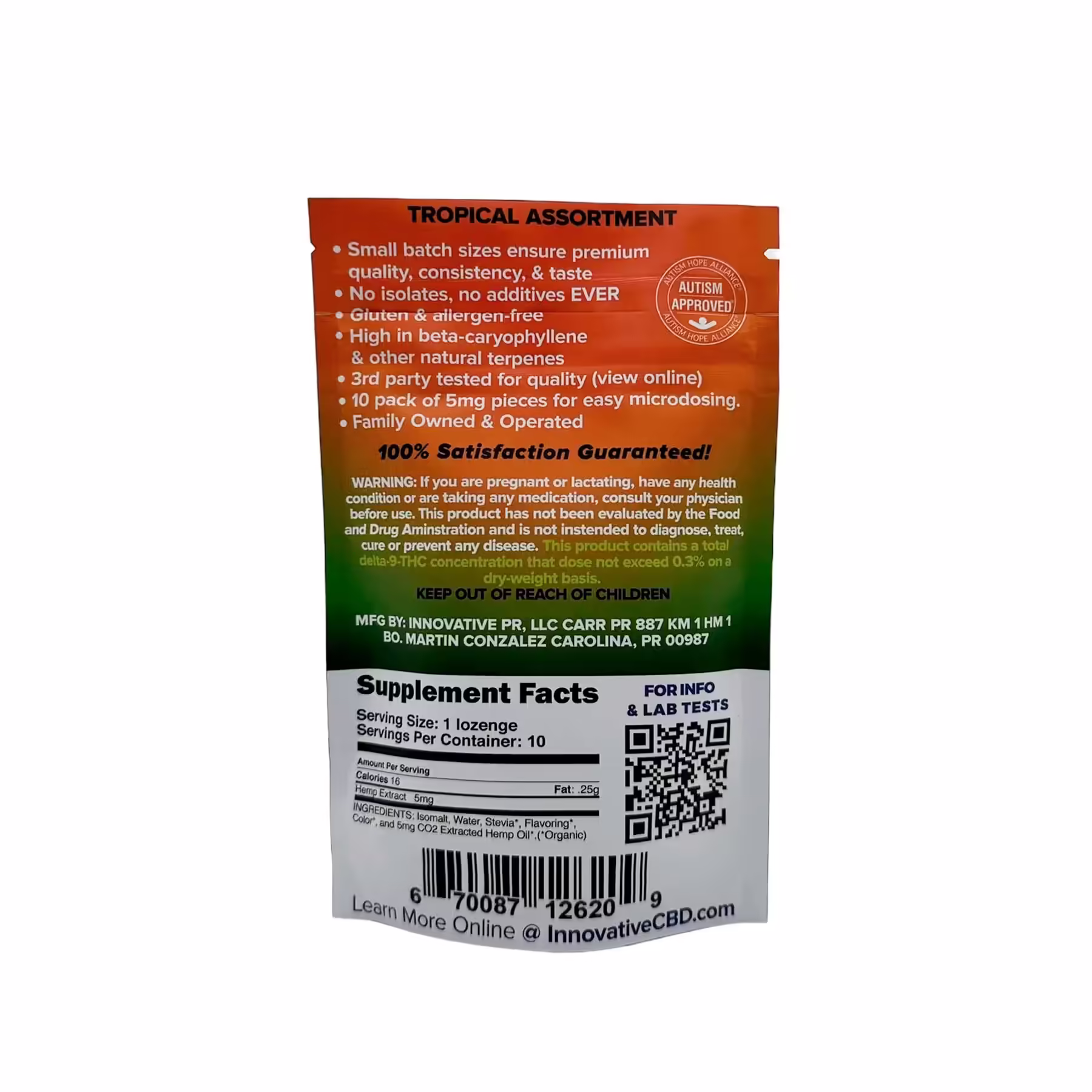 Innovative CBD, CBD+CBDA Lozenges 5mg, Tropical Assortment, Full Spectrum, 10ct, 50mg CBD