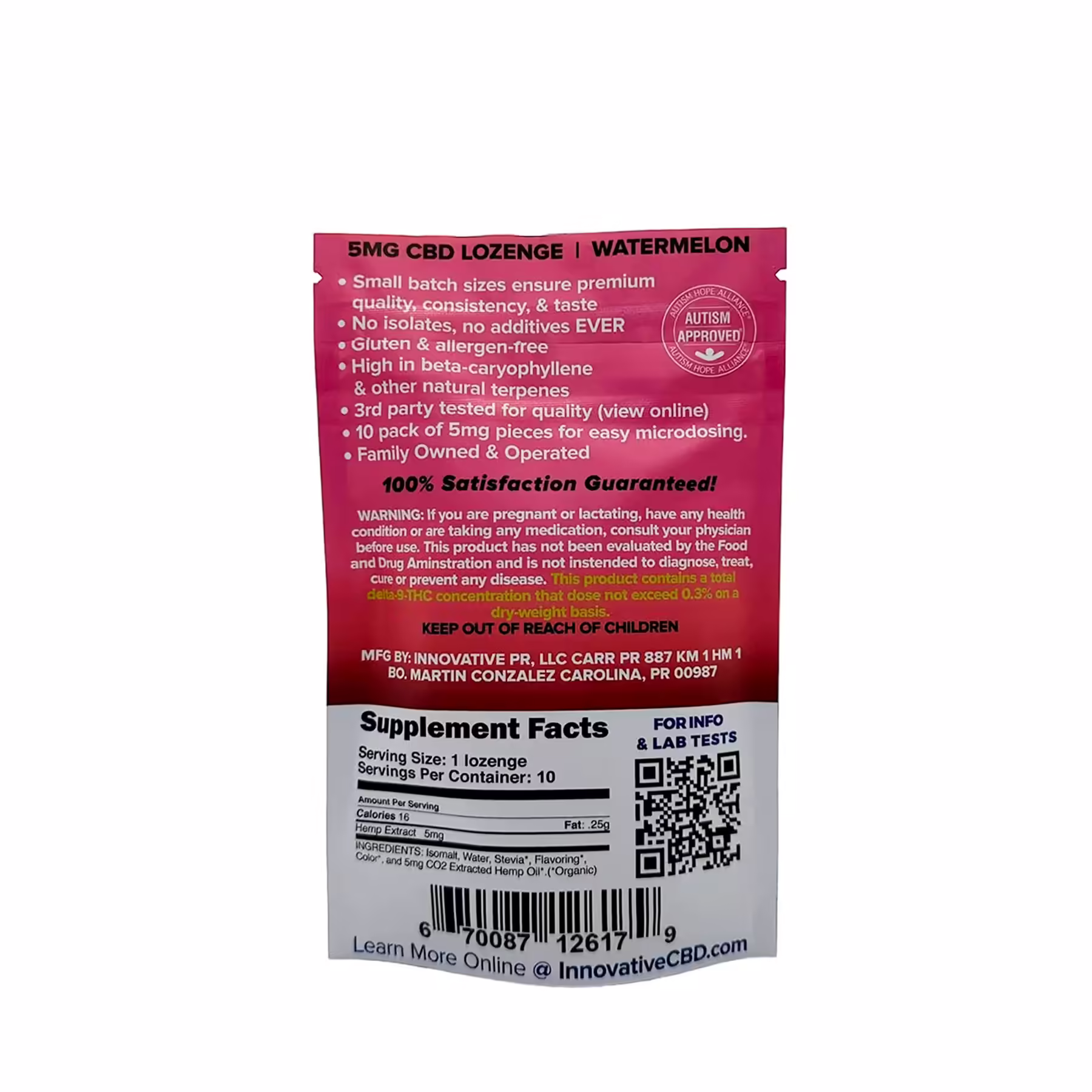 Innovative CBD, CBD+CBDA Lozenges 5mg, Watermelon, Full Spectrum, 10ct, 50mg CBD
