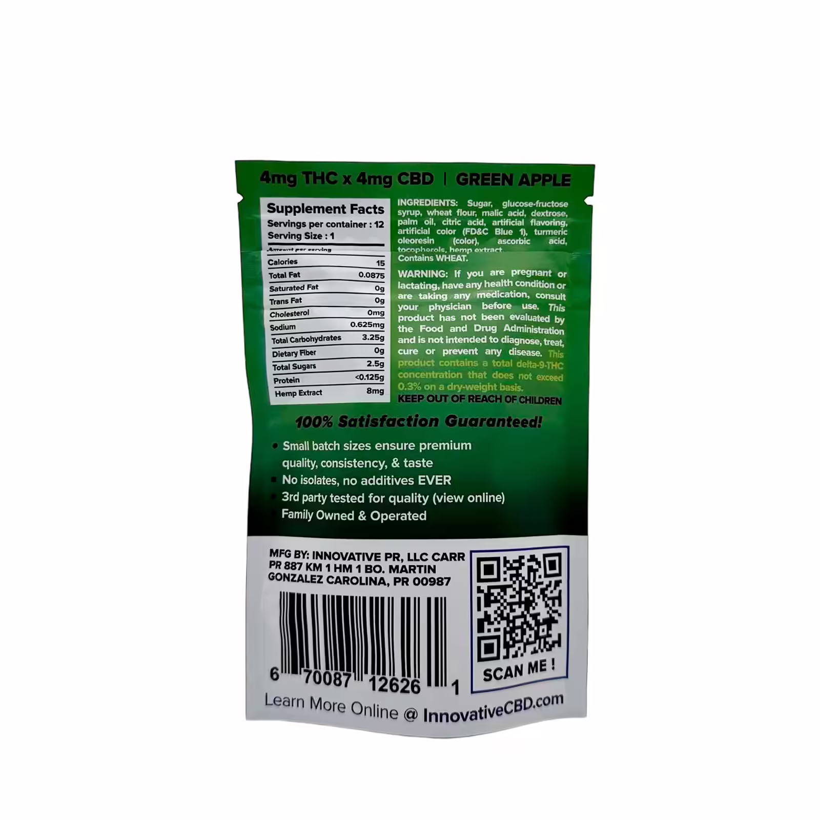 Innovative CBD, Sour Belts 4mg THC + 4mg CBD Gummies, Green Apple, Full Spectrum, 12ct, 48mg THC + 48mg CBD