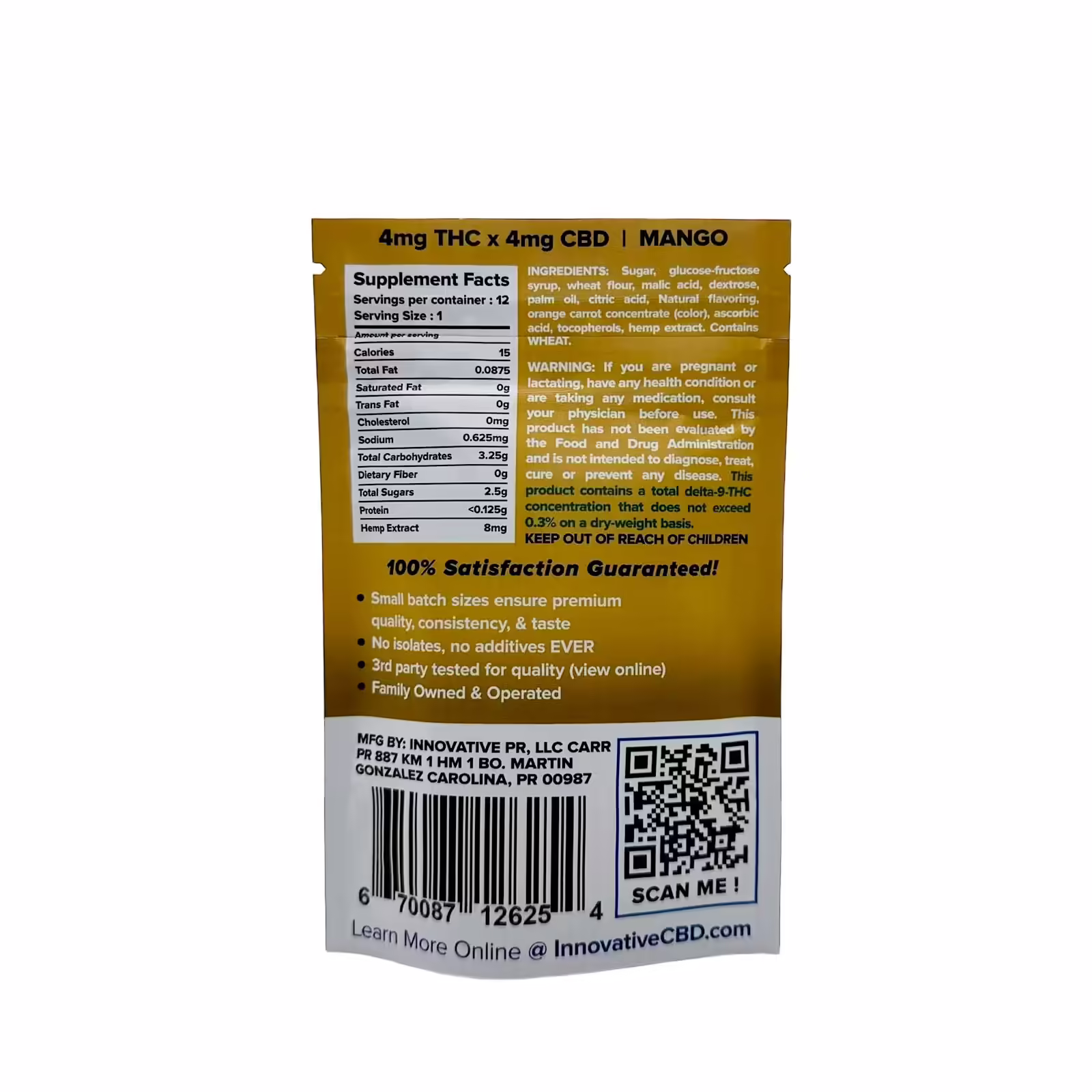 Innovative CBD, Sour Belts 4mg THC + 4mg CBD Gummies, Mango, Full Spectrum, 12ct, 48mg THC + 48mg CBD