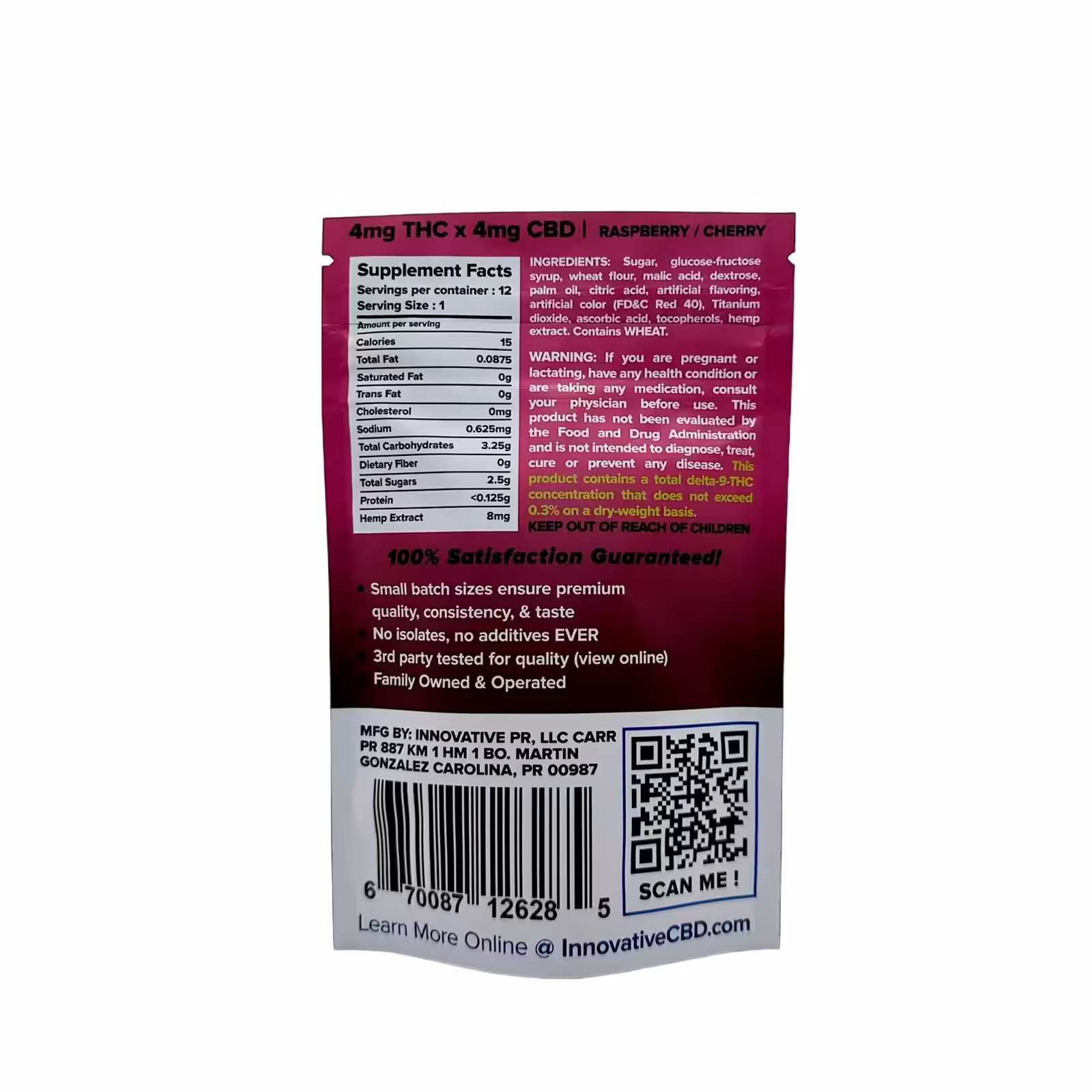 Innovative CBD, Sour Belts 4mg THC + 4mg CBD Gummies, Raspberry Cherry, Full Spectrum, 12ct, 48mg THC + 48mg CBD
