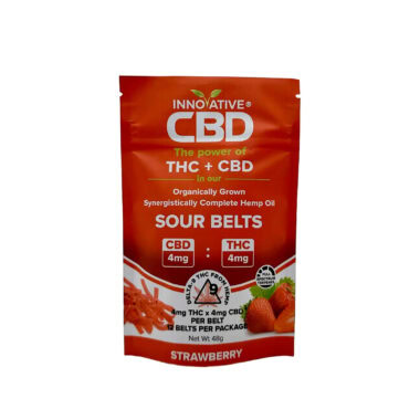 Innovative CBD, Sour Belts 4mg THC + 4mg CBD Gummies, Strawberry, Full Spectrum, 12ct, 48mg THC + 48mg CBD