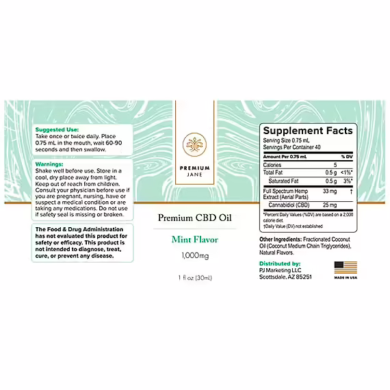 Premium Jane, CBD Oil, Mint, Full Spectrum, 1fl oz, 1000mg CBD