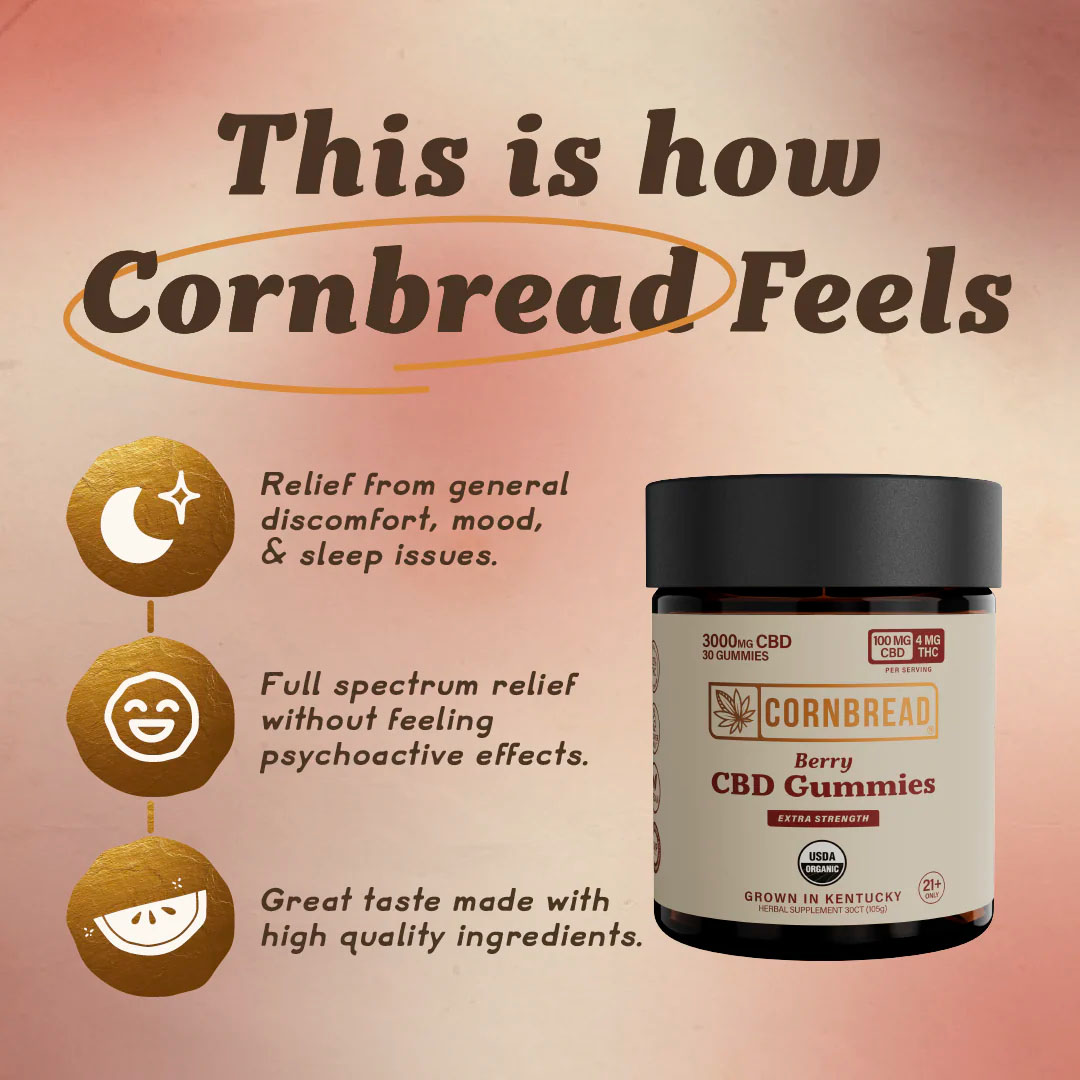 Cornbread Hemp, CBD Gummies, Berry, Full Spectrum, 30ct, 120mg THC + 3000mg CBD