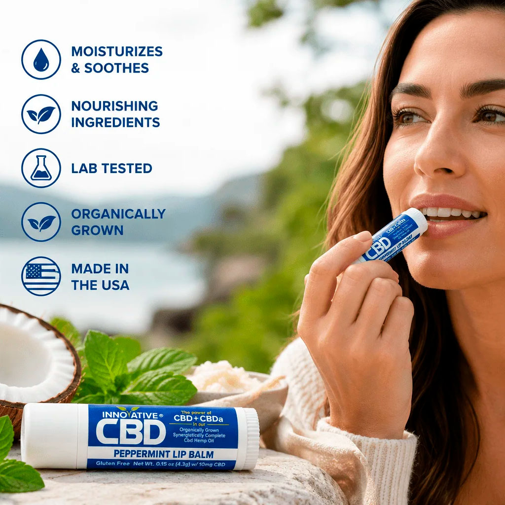 Innovative CBD, CBD+CBDA Lip Balm, Peppermint, Full Spectrum, 0.15 oz, 10mg CBD
