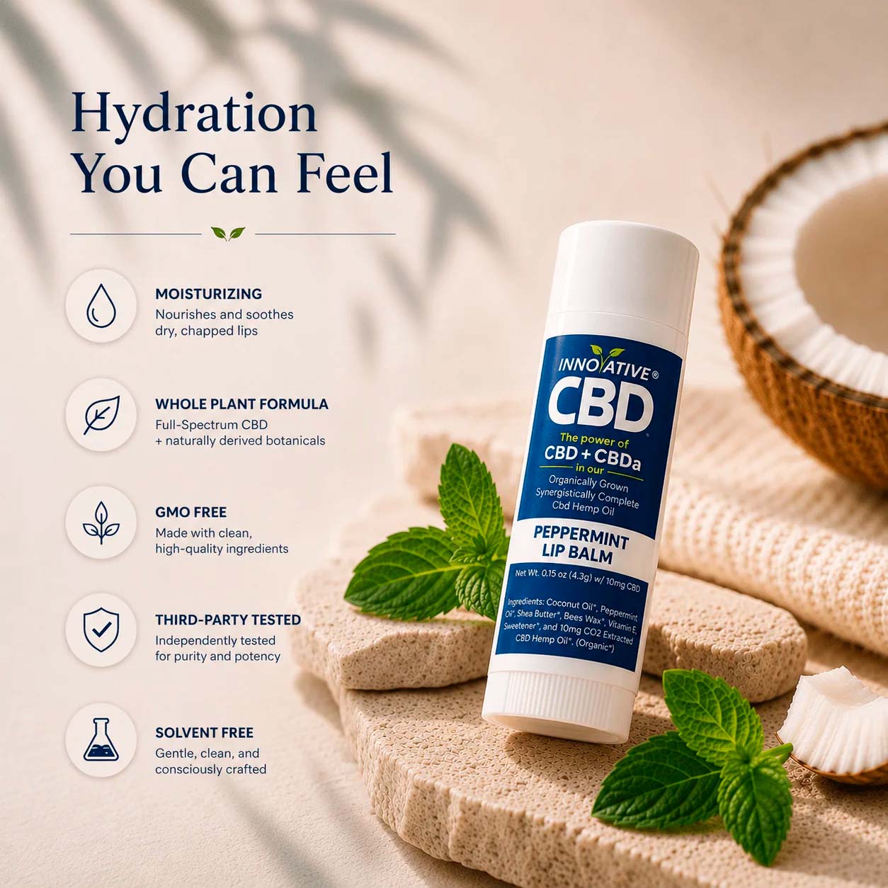 Innovative CBD, CBD+CBDA Lip Balm, Peppermint, Full Spectrum, 0.15 oz, 10mg CBD