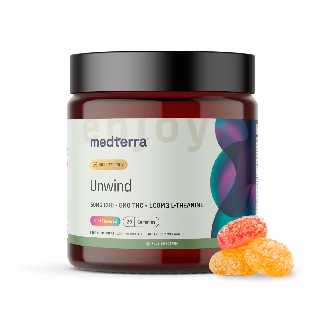 Medterra, Unwind 50mg CBD + 5mg THC Gummies, Multi-Flavored, Full Spectrum, 20ct, 100mg THC + 1000mg CBD Medterra, Unwind 50mg CBD + 5mg THC Gummies, Multi-Flavored, Full Spectrum, 20ct, 100mg THC + 1000mg CBD