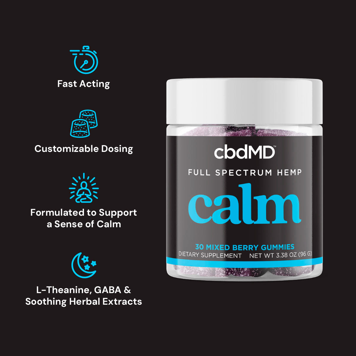 cbdMD, Calm CBD Gummies, Mixed Berry, Full Spectrum, 30ct, 150mg THC + 90mg CBG + 300mg CBN + 3000mg CBD