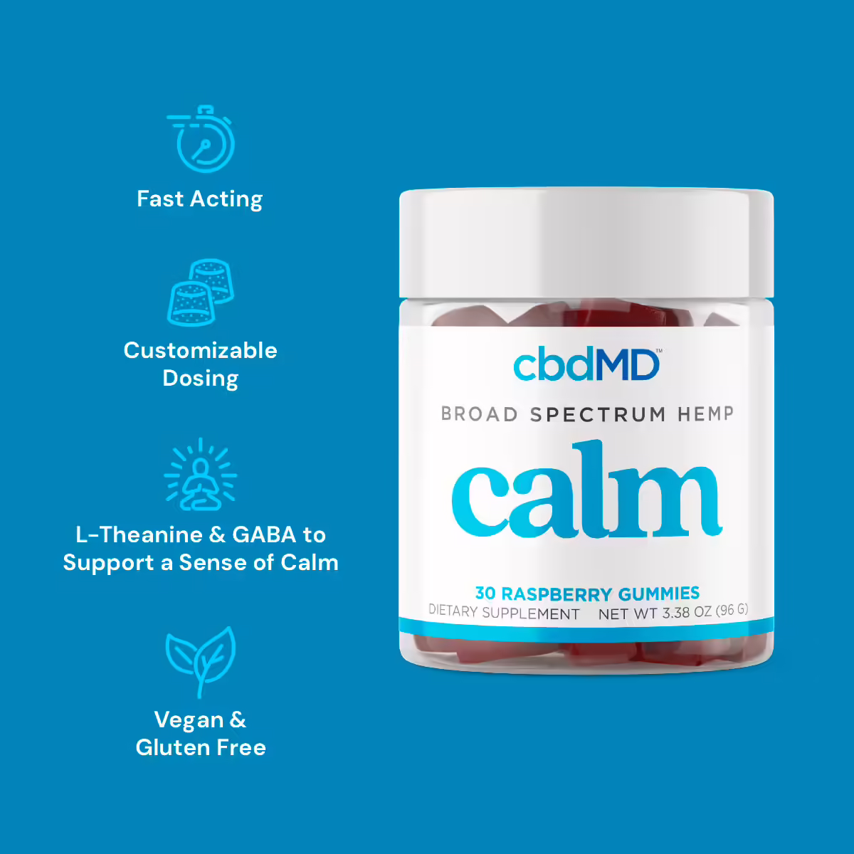cbdMD, Calm CBD Gummies, Raspberry, Broad Spectrum THC-Free, 30ct, 90mg CBG + 300mg CBN + 750mg CBD