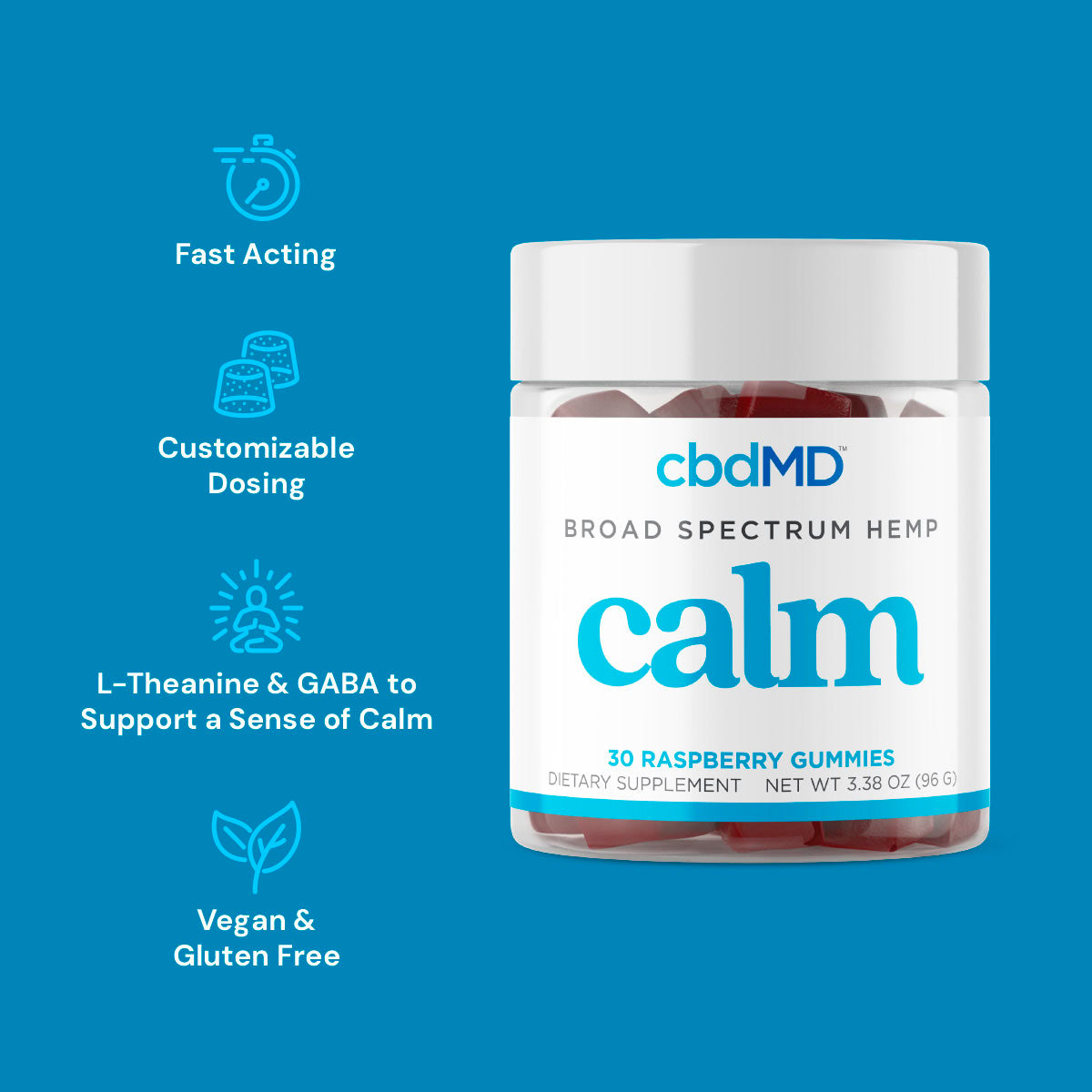 cbdMD, Calm CBD Gummies, Raspberry, Broad Spectrum THC-Free, 30ct, 90mg CBG + 300mg CBN + 750mg CBD