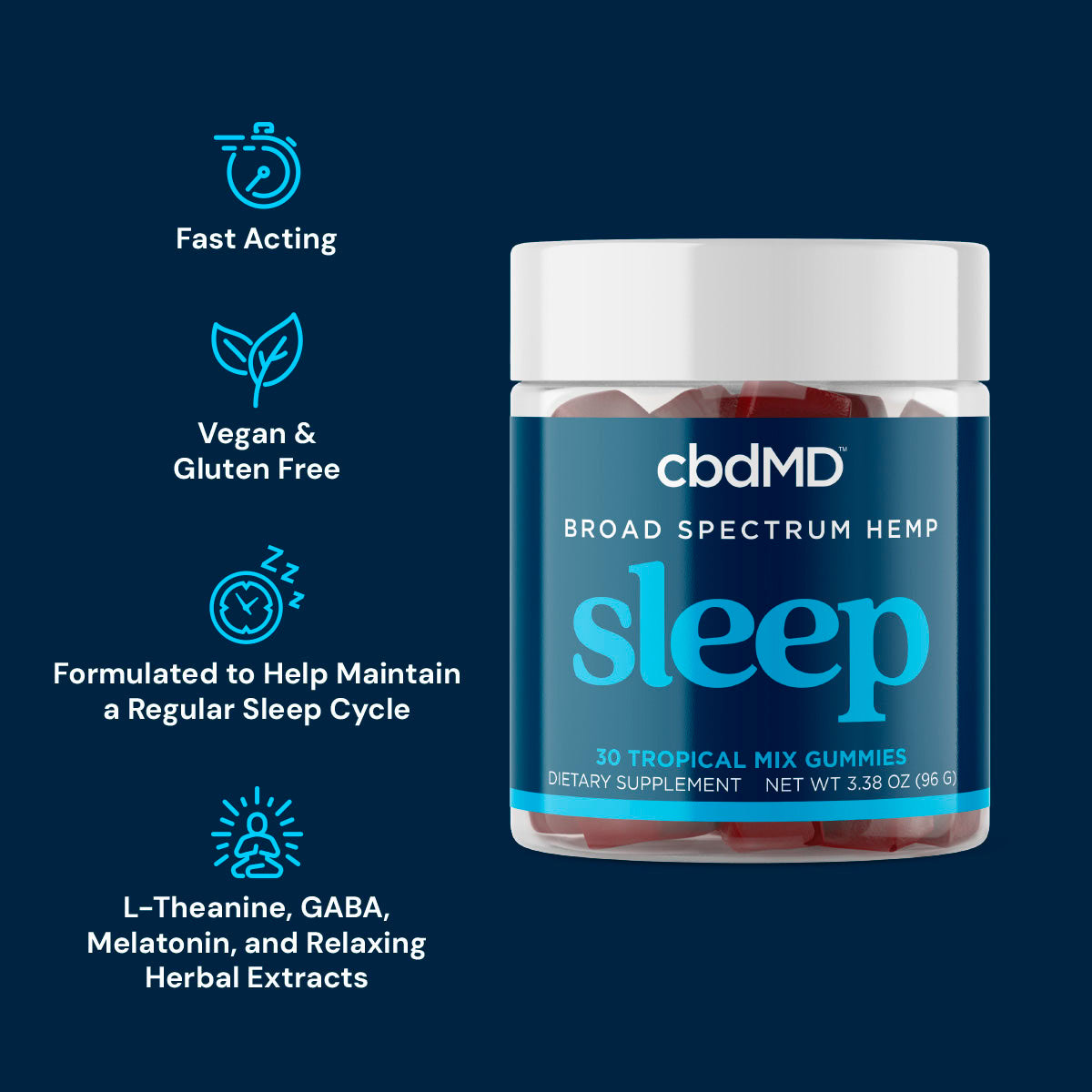 cbdMD, Sleep CBD Gummies, Tropical Mix, Broad Spectrum THC-Free, 30ct, 600mg CBN + 750mg CBD