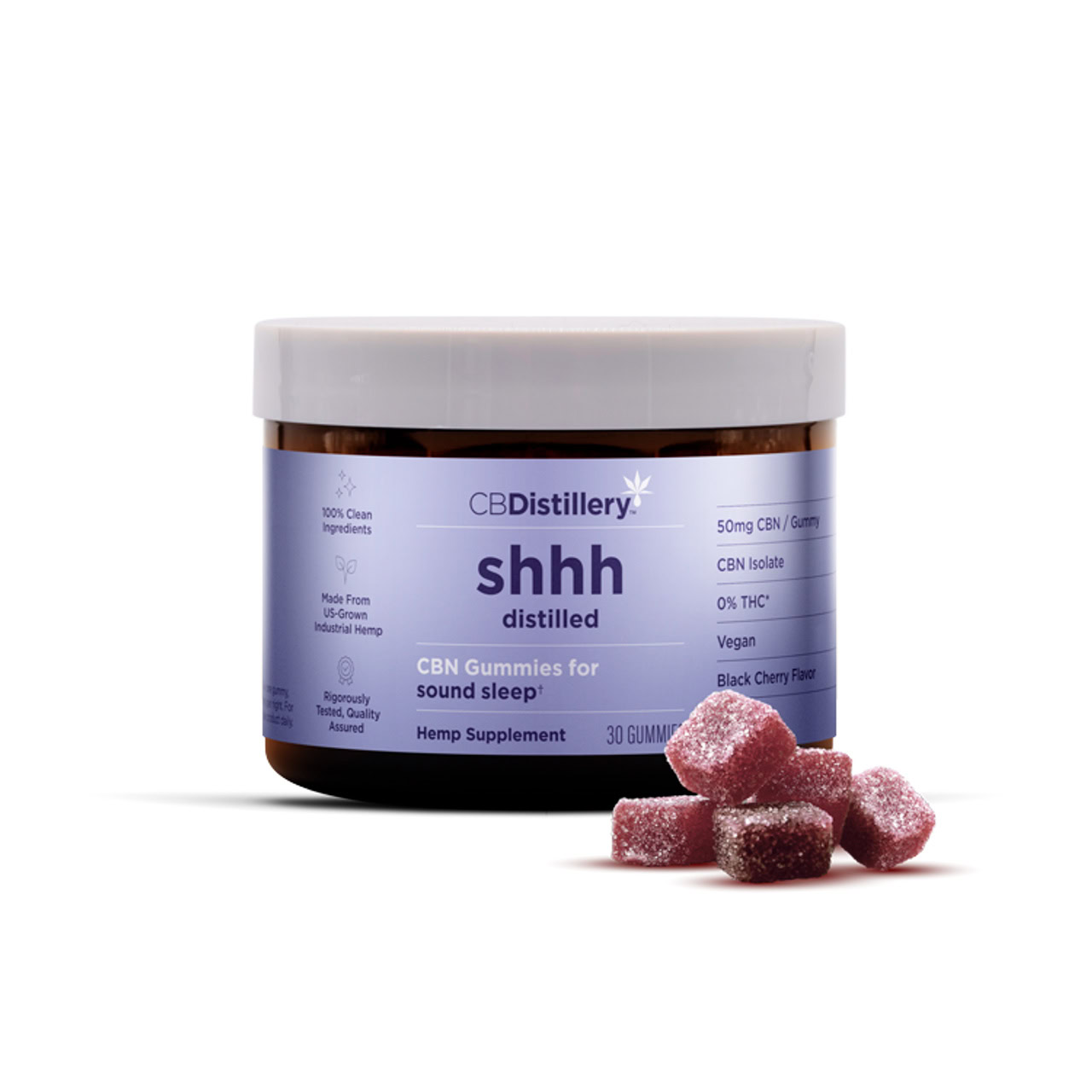 CBDistillery, Shhh Distilled CBN Gummies for Sound Sleep, Black Cherry, Isolate THC-Free, 30ct, 1500mg CBN