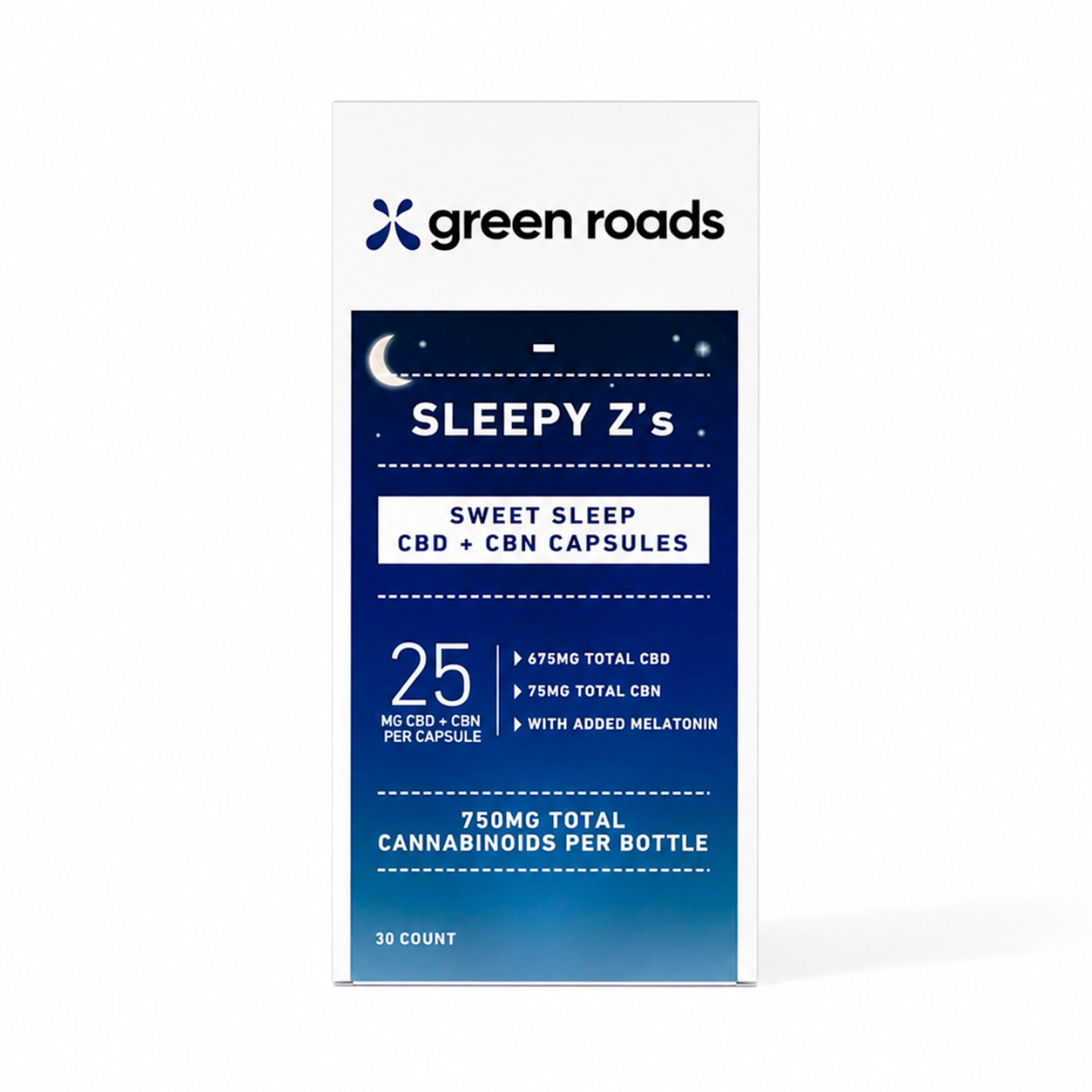Green Roads, Sleepy Z's Sweet Sleep CBN + CBD Capsules, Broad Spectrum THC-Free, 30ct, 75mg CBN + 675mg CBD
