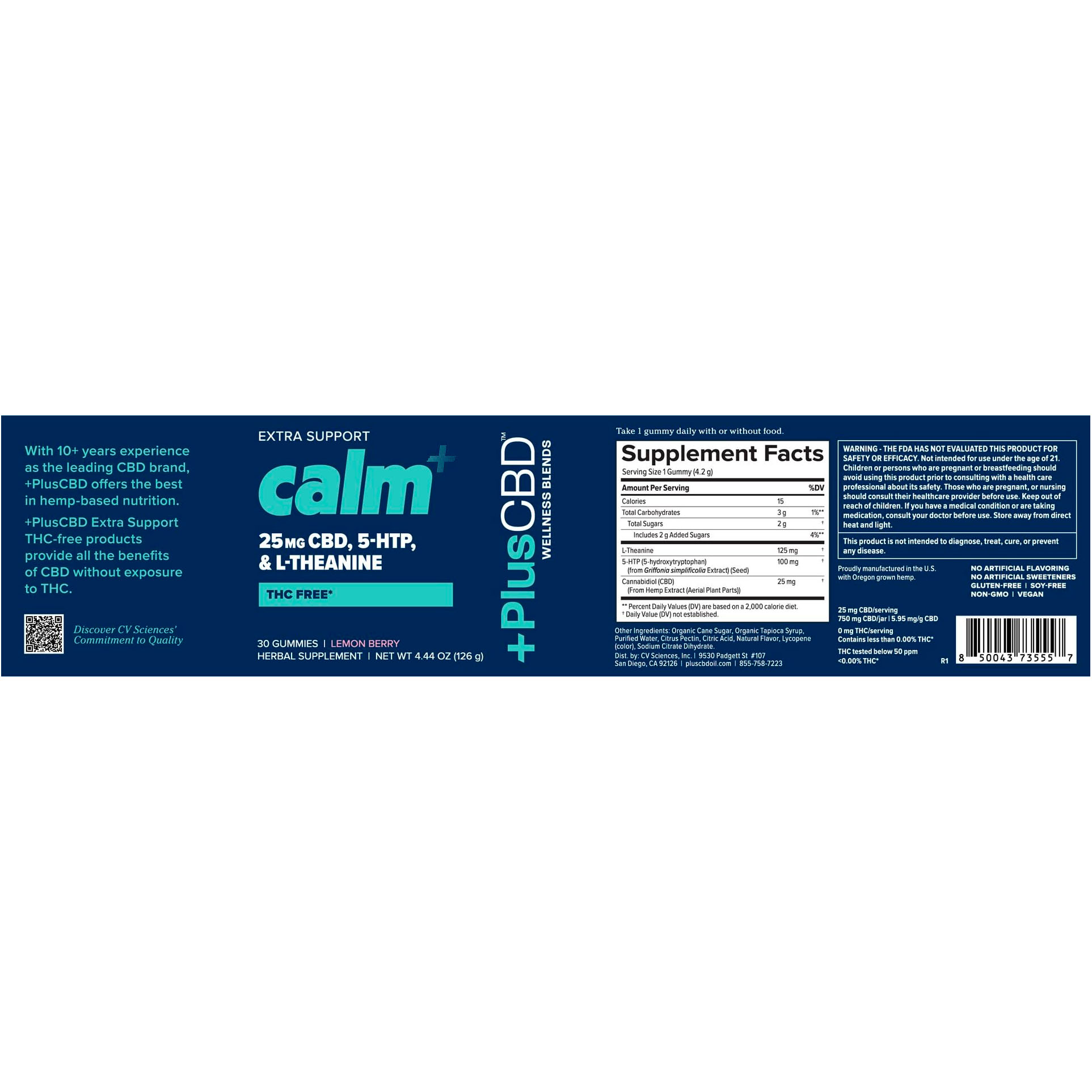 PlusCBD, Extra Support Calm CBD Gummies, Lemon Berry, Isolate THC-Free, 30ct, 750mg CBD