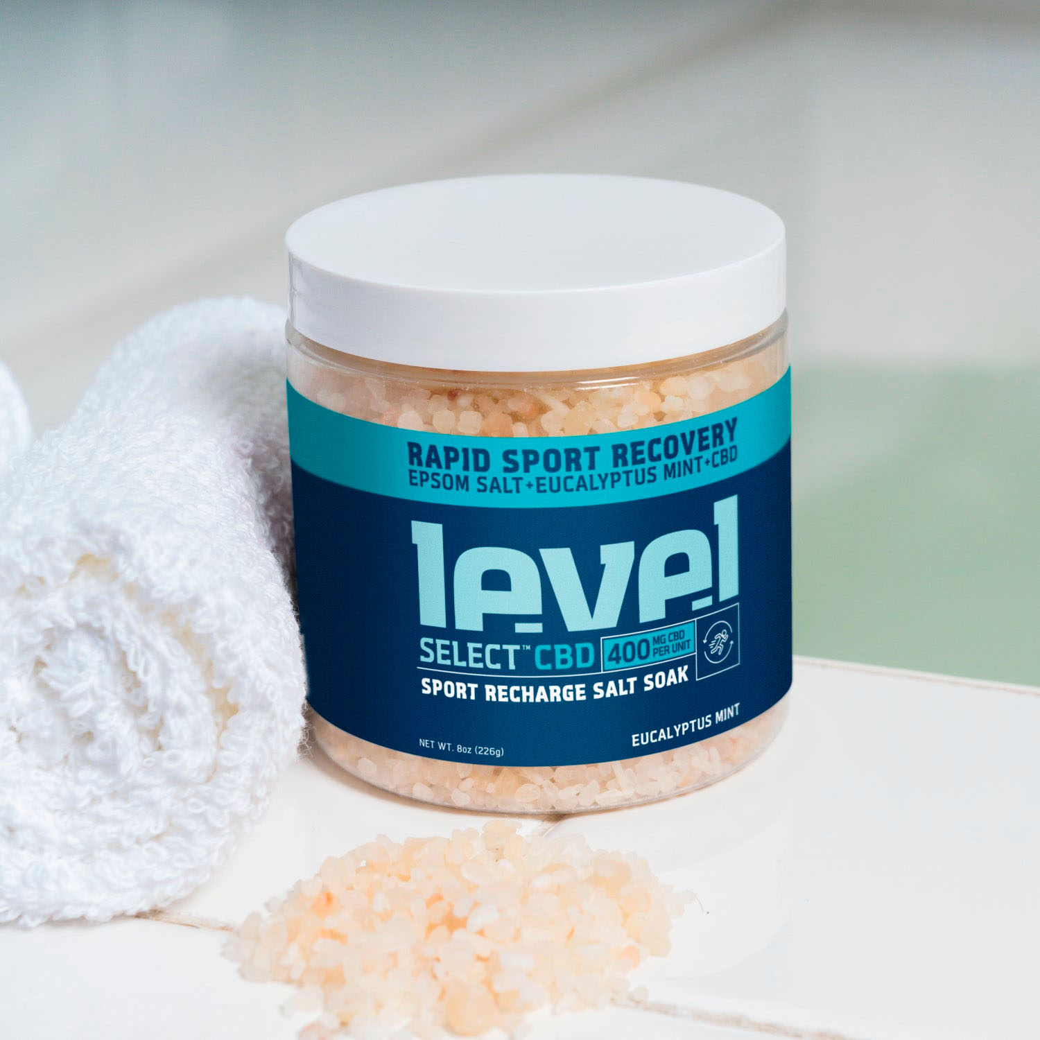 Level Select CBD, Sport Recharge CBD Salt Soak, Eucalyptus Mint, Broad Spectrum THC-Free, 8oz, 400mg CBD 1