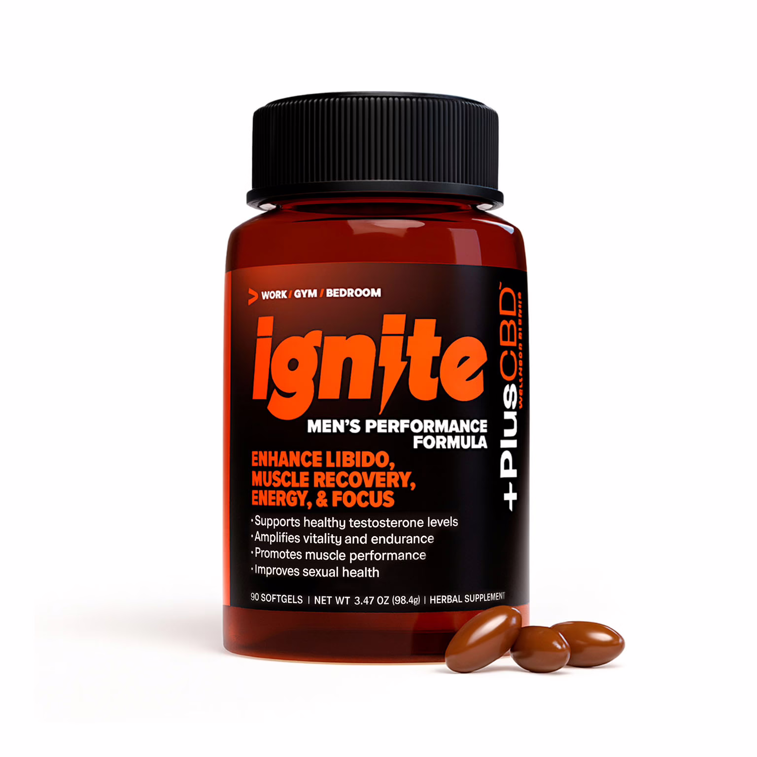 PlusCBD, Ignite Men's Performance CBD Softgels, Full Spectrum, 90ct, 1350mg CBD 1 PlusCBD, Ignite Men's Performance CBD Softgels, Full Spectrum, 90ct, 1350mg CBD