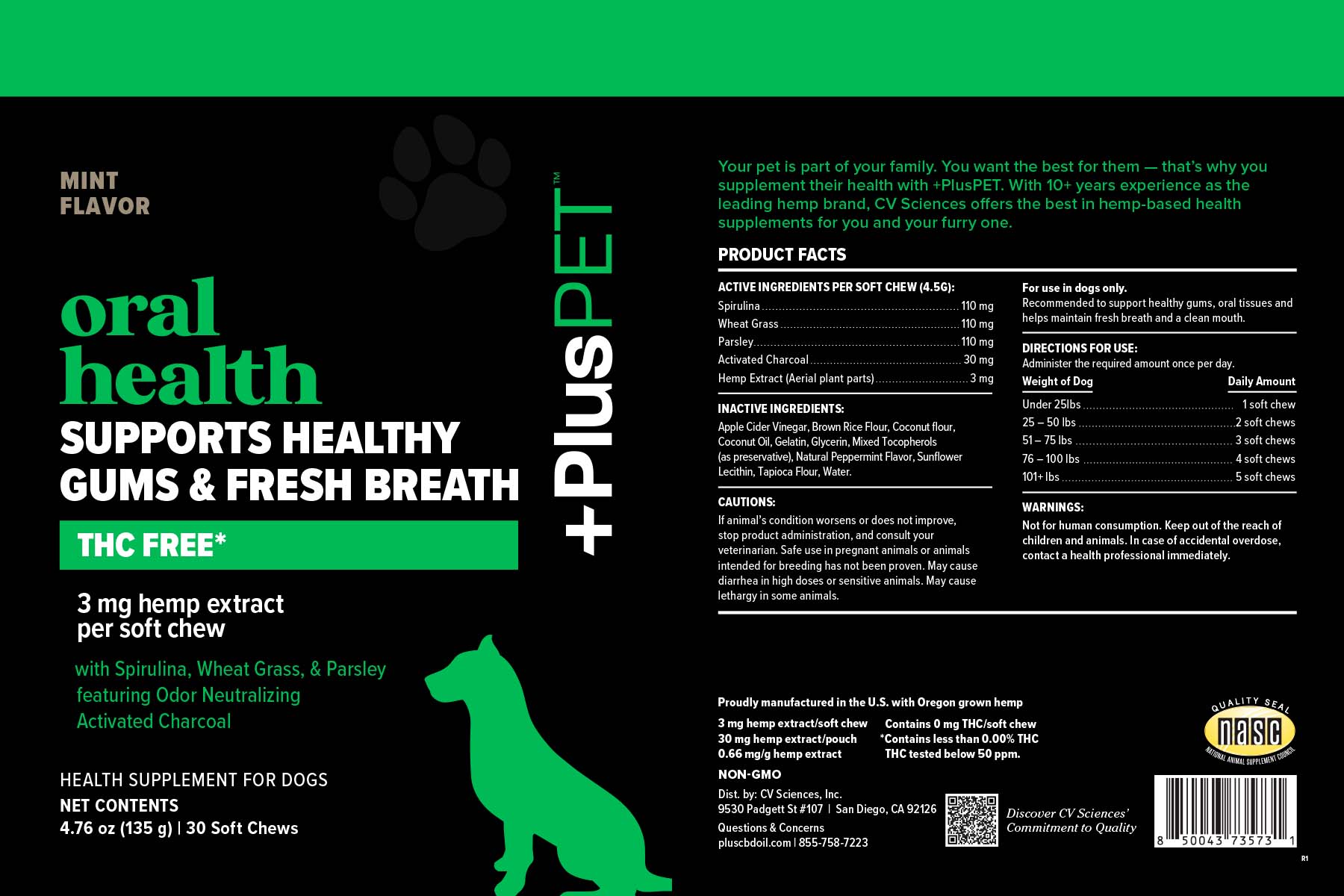 PlusCBD, Oral Health CBD Pet Chews, Mint, Isolate THC-Free, 30ct, 90mg CBD